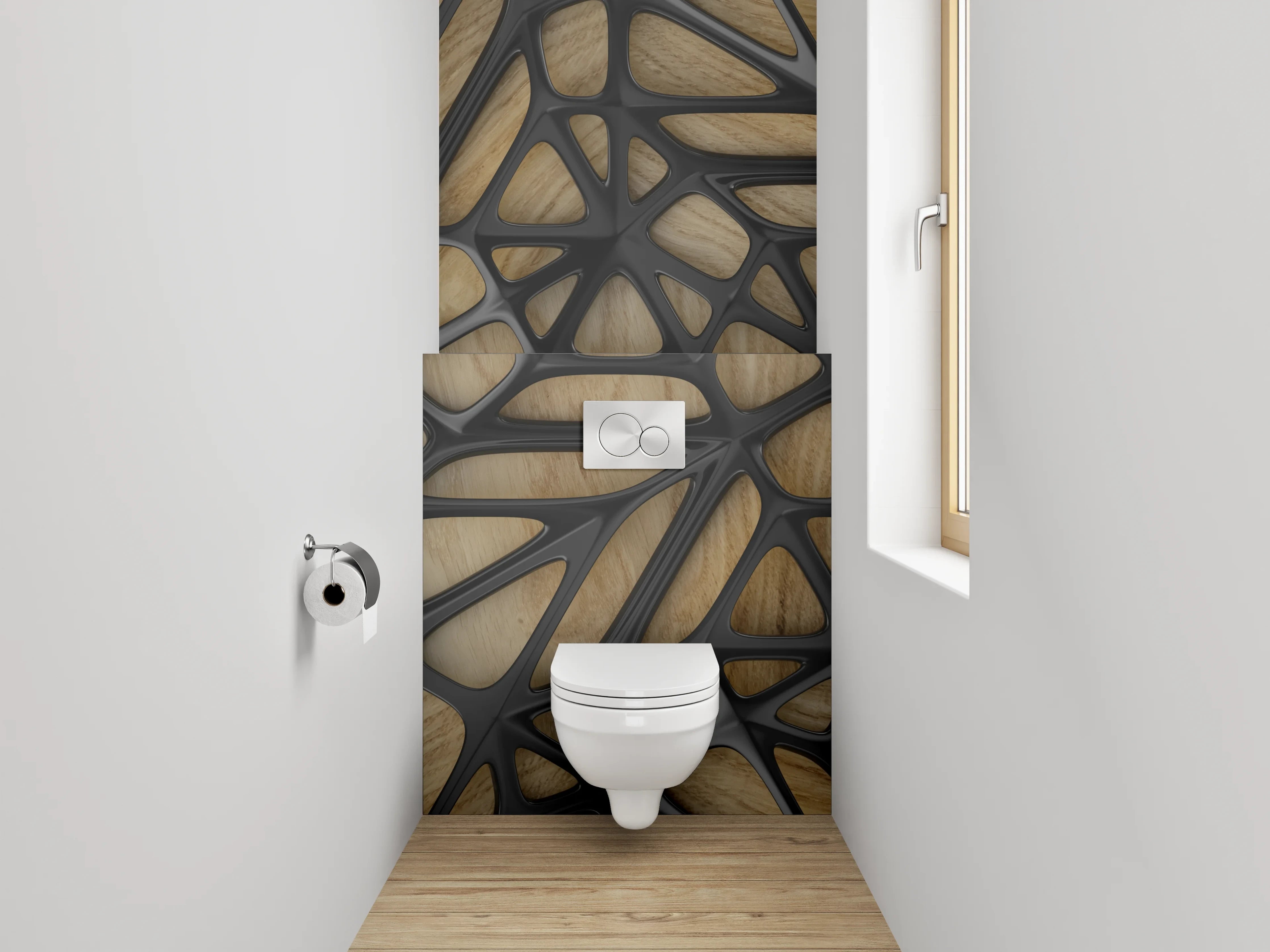WC-Rückwand - Geometrisches Holz-Muster mit Schwarz