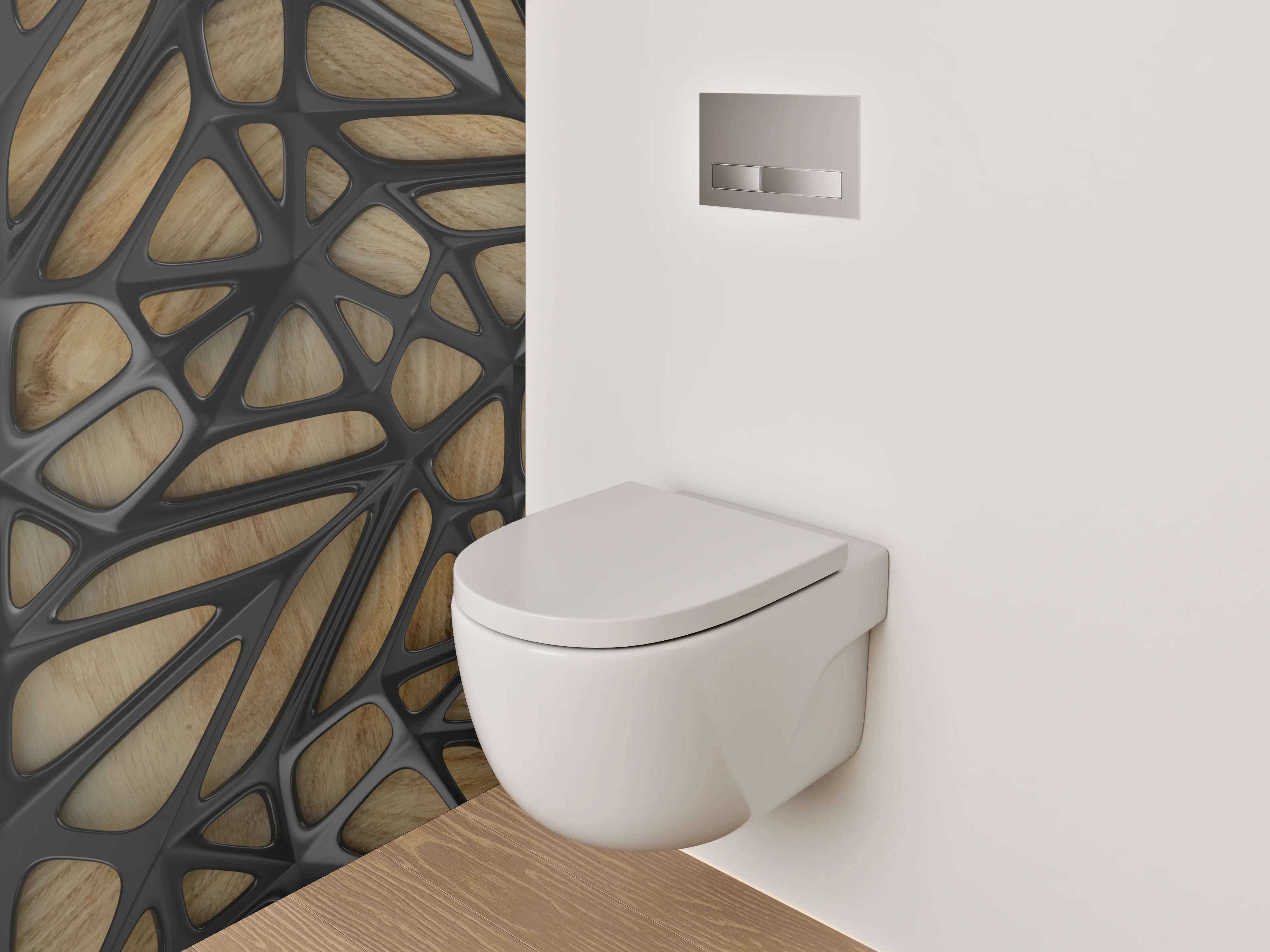 WC-Rückwand - Geometrisches Holz-Muster mit Schwarz