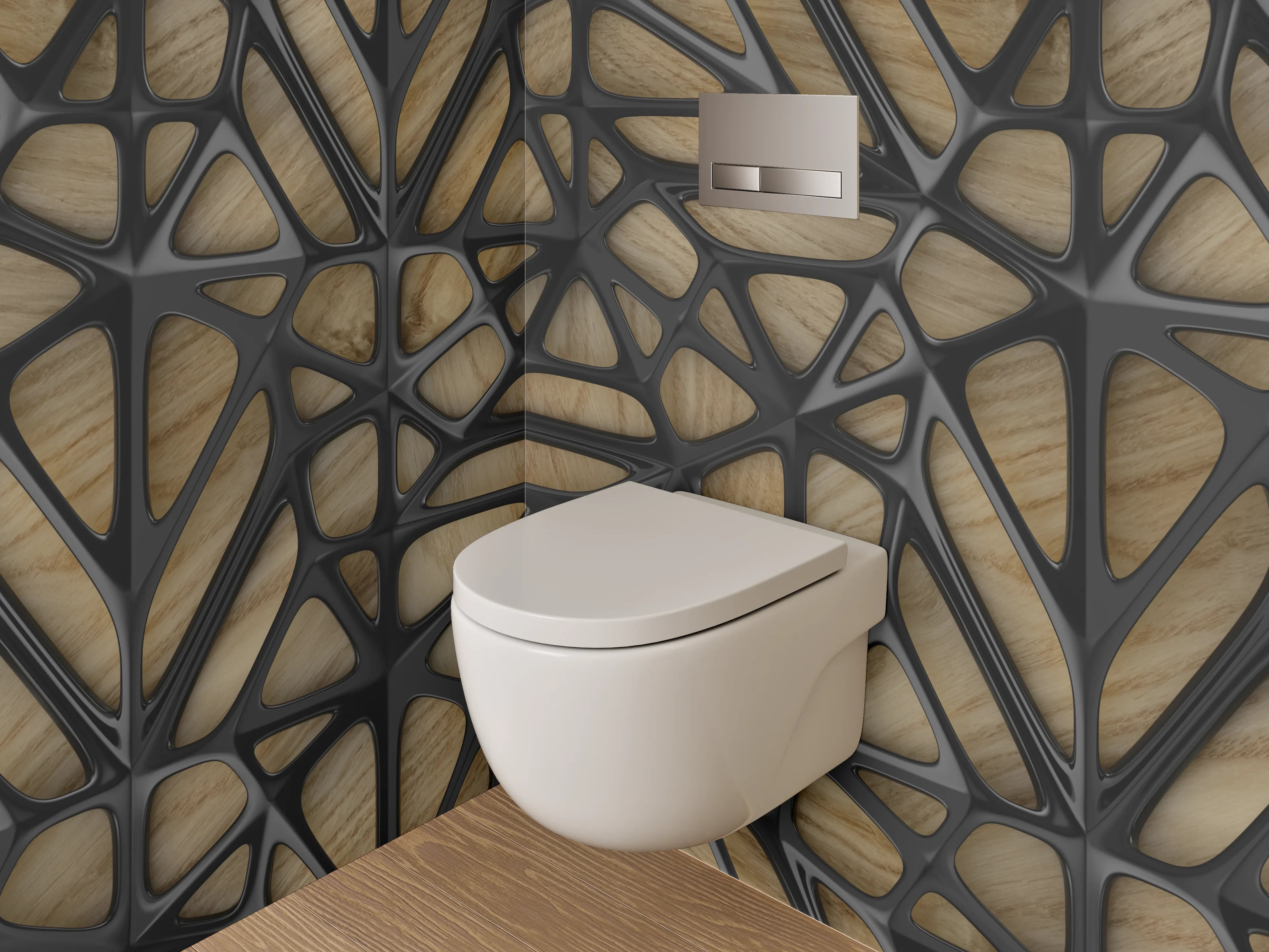 WC-Rückwand - Geometrisches Holz-Muster mit Schwarz