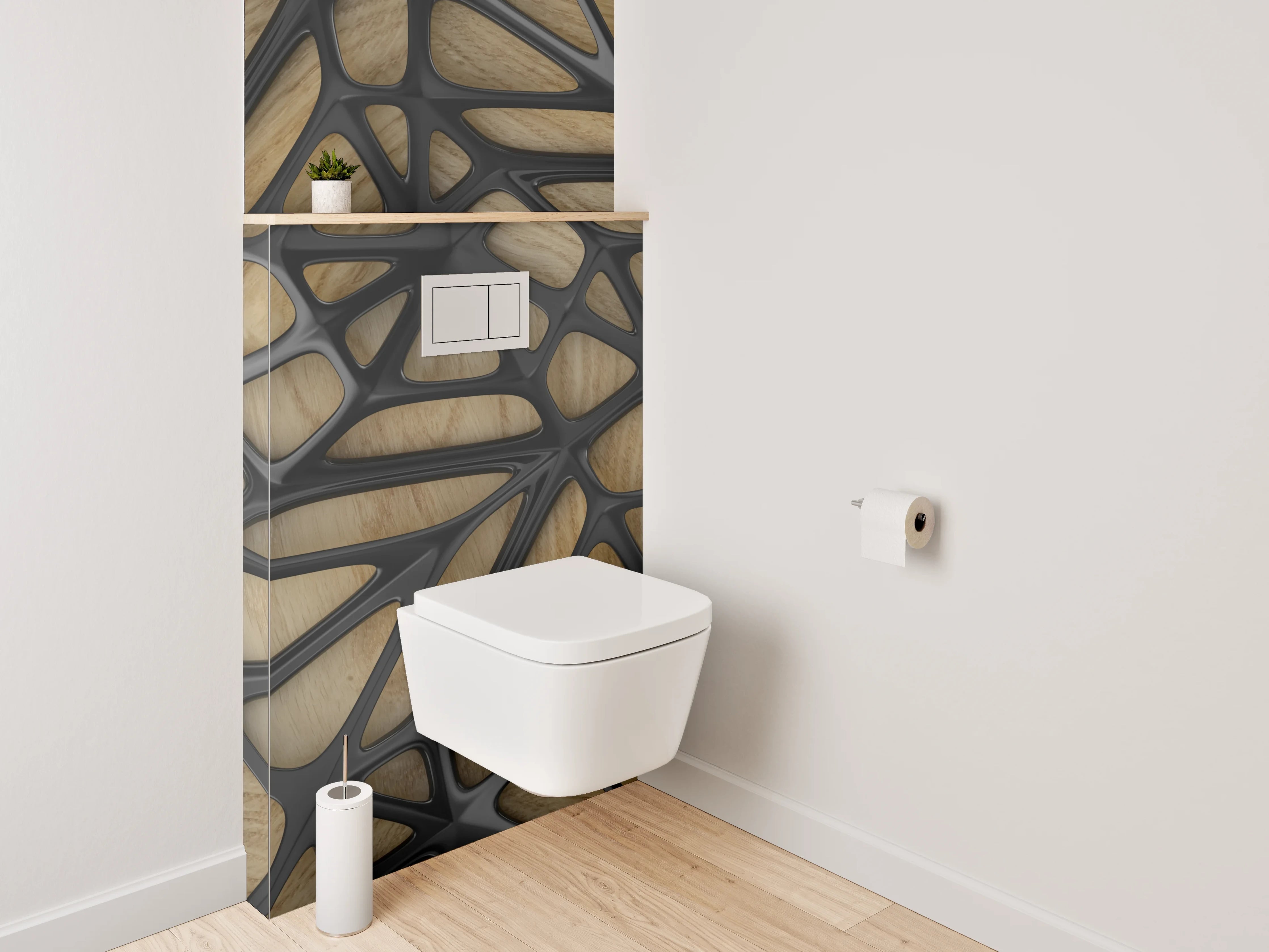 WC-Rückwand - Geometrisches Holz-Muster mit Schwarz