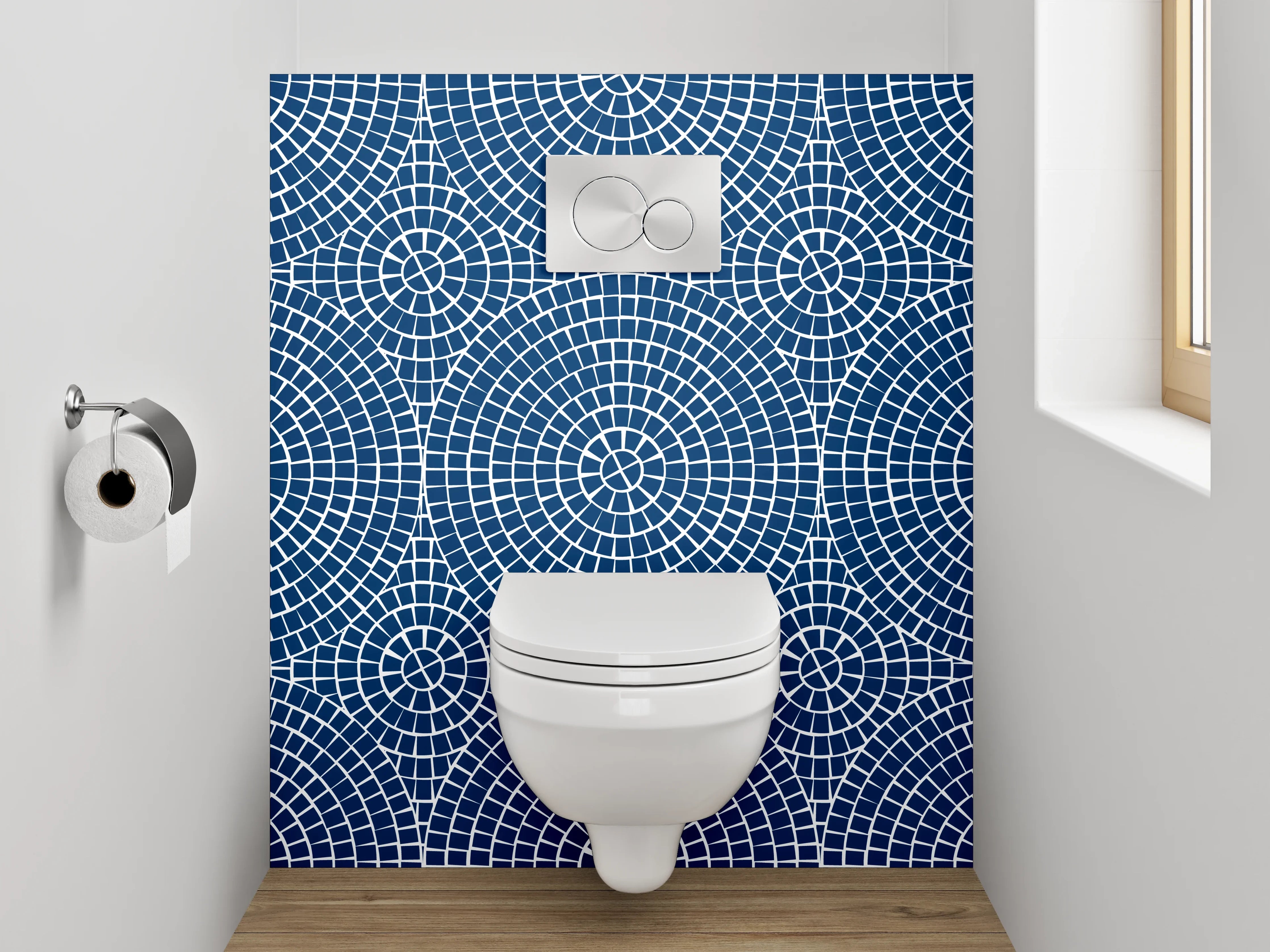 WC-Rückwand - Geometrisches Kreismuster Blau Weiß