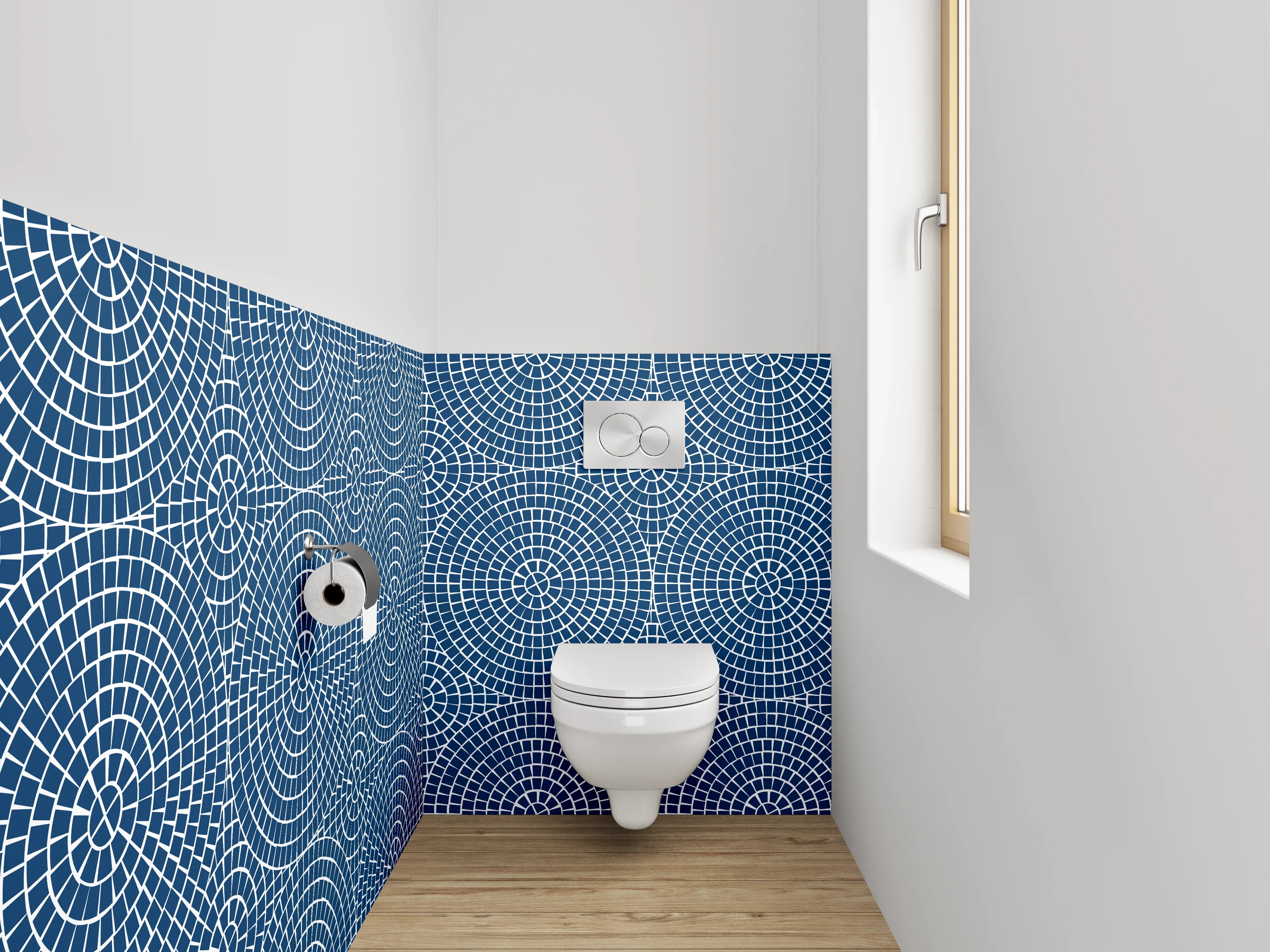 WC-Rückwand - Geometrisches Kreismuster Blau Weiß