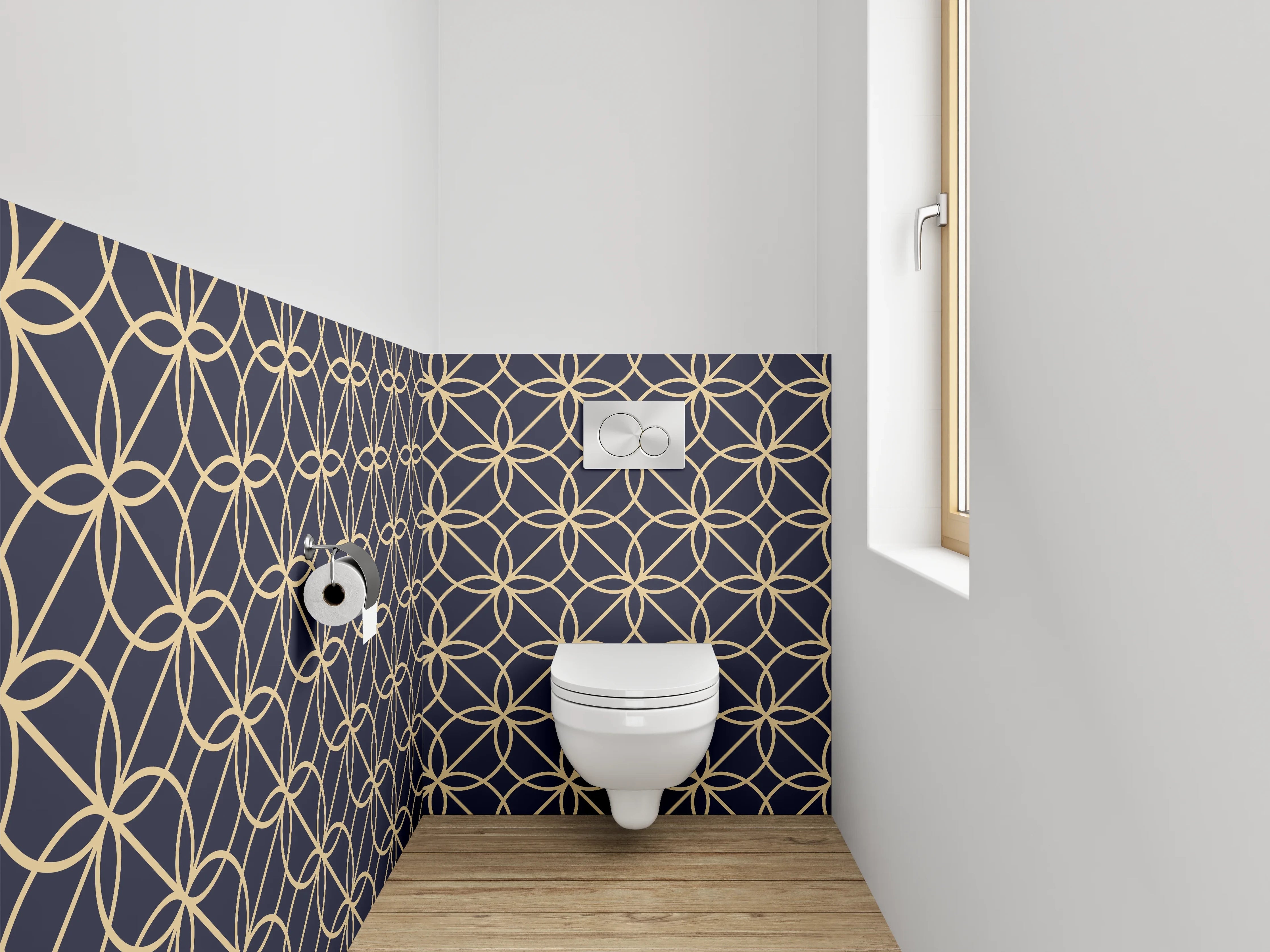 WC-Rückwand - Geometrisches Kreismuster Gold auf Dunkelgrau