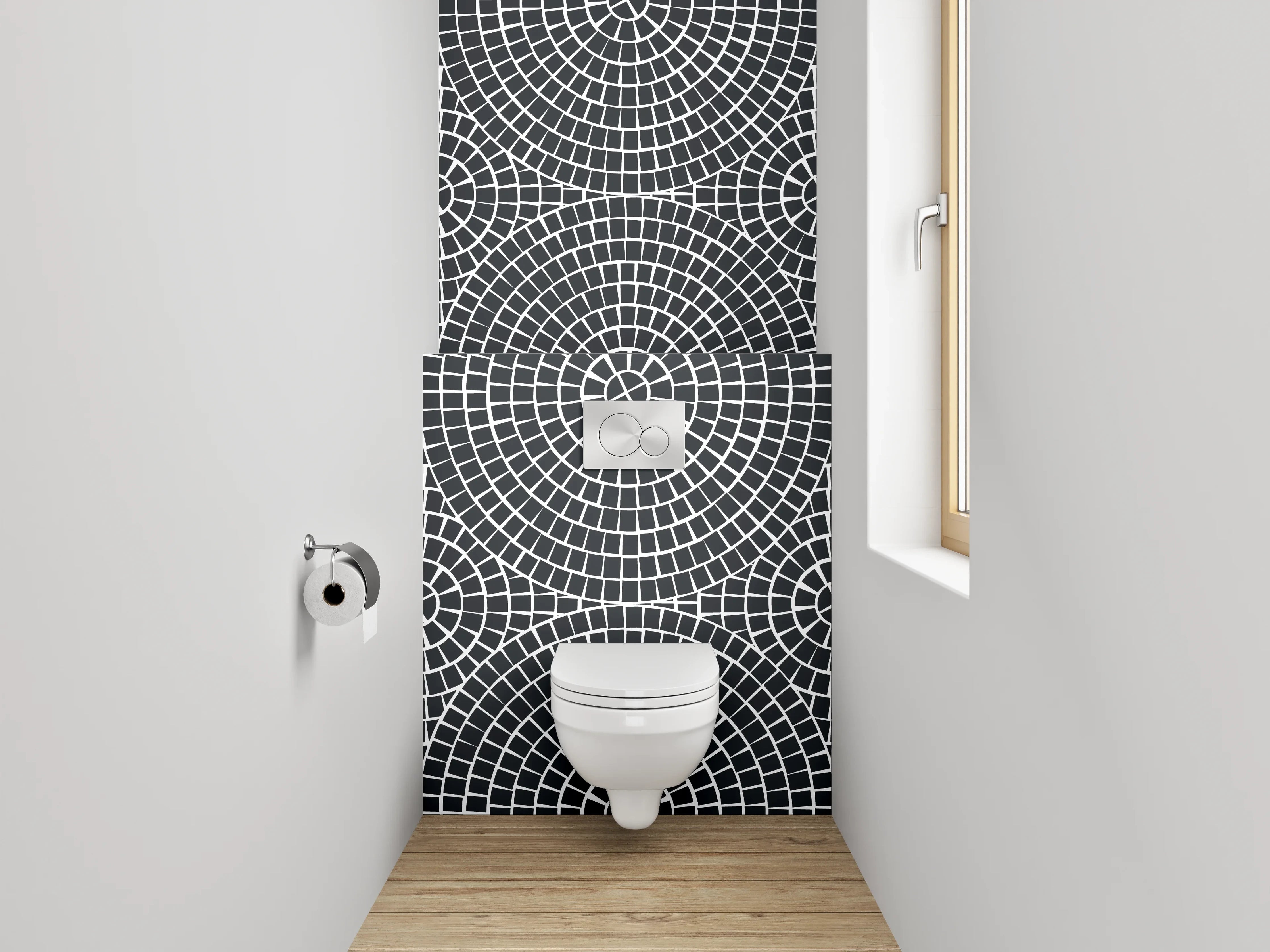WC-Rückwand - Geometrisches Kreismuster Schwarz-Weiß