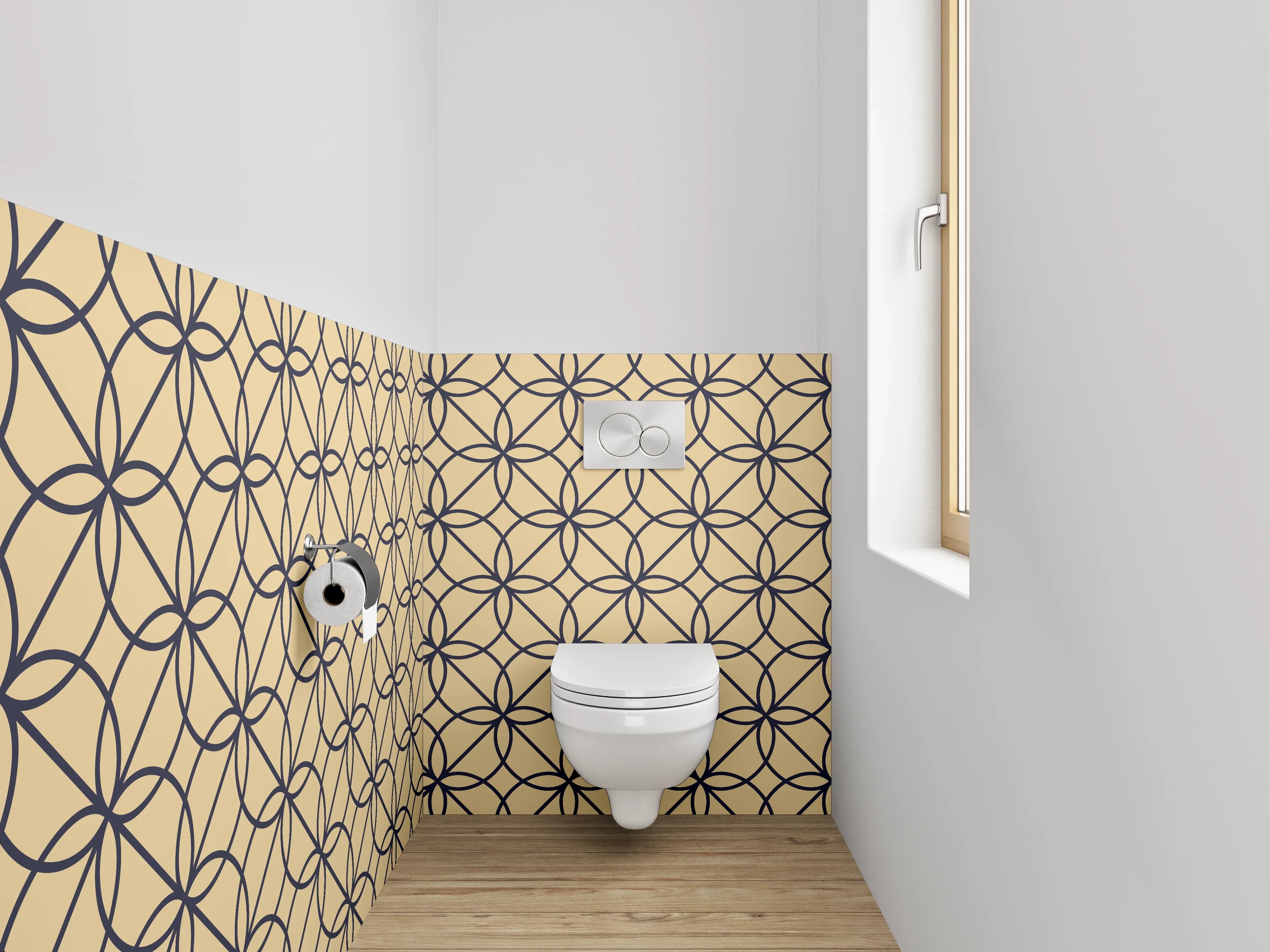 WC-Rückwand - Geometrisches Kreismuster Tapete Beige Schwarz