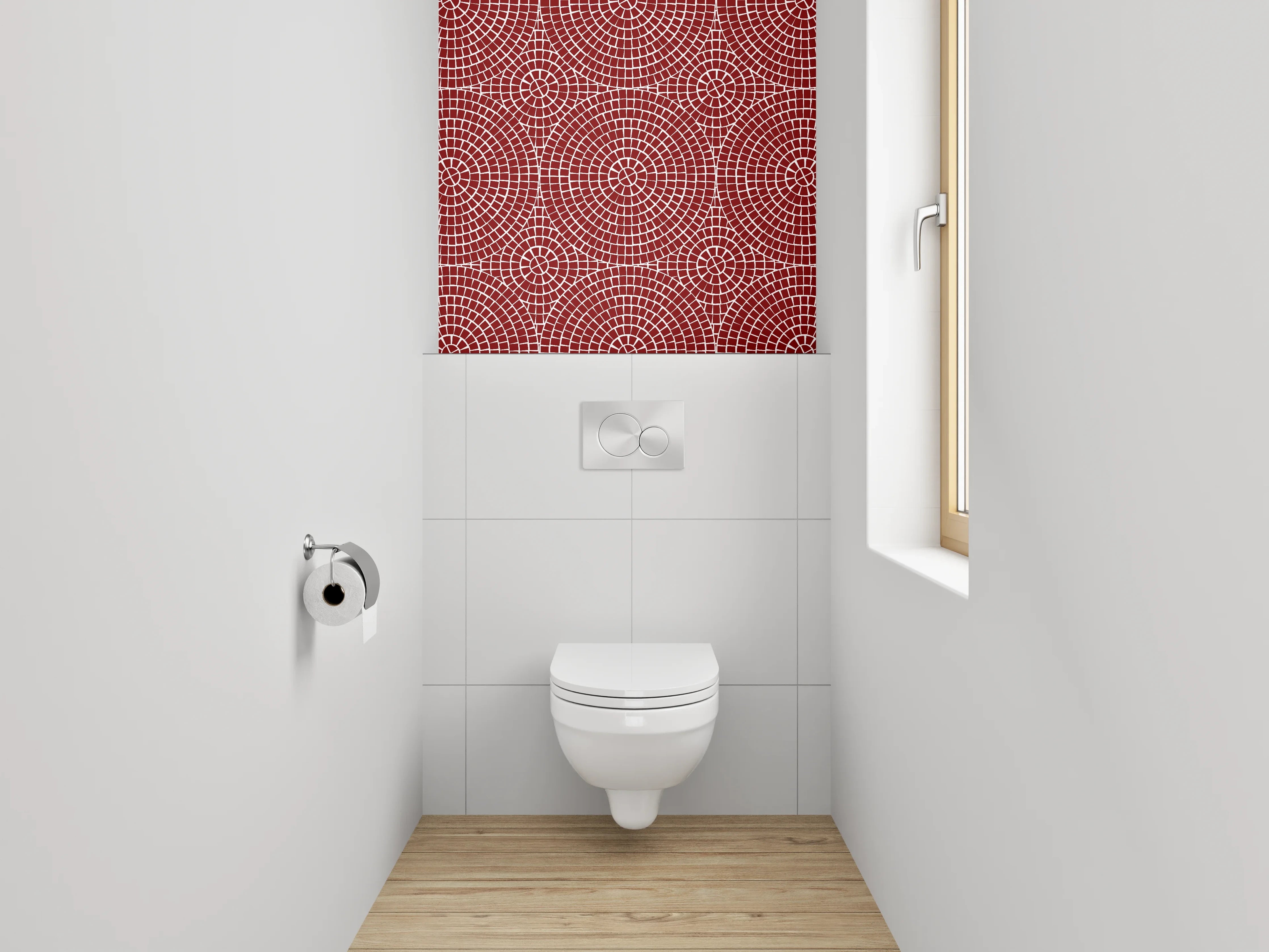 WC-Rückwand - Geometrisches Kreismuster auf Rot