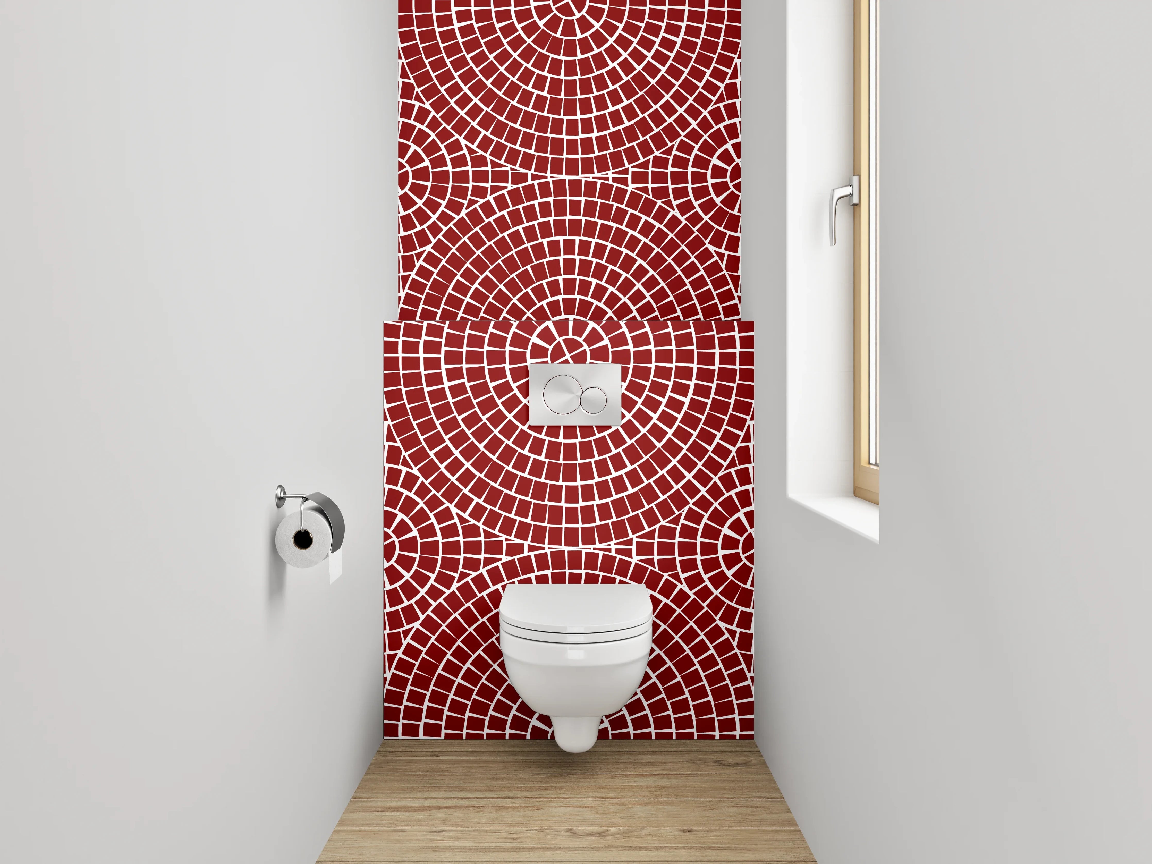 WC-Rückwand - Geometrisches Kreismuster auf Rot