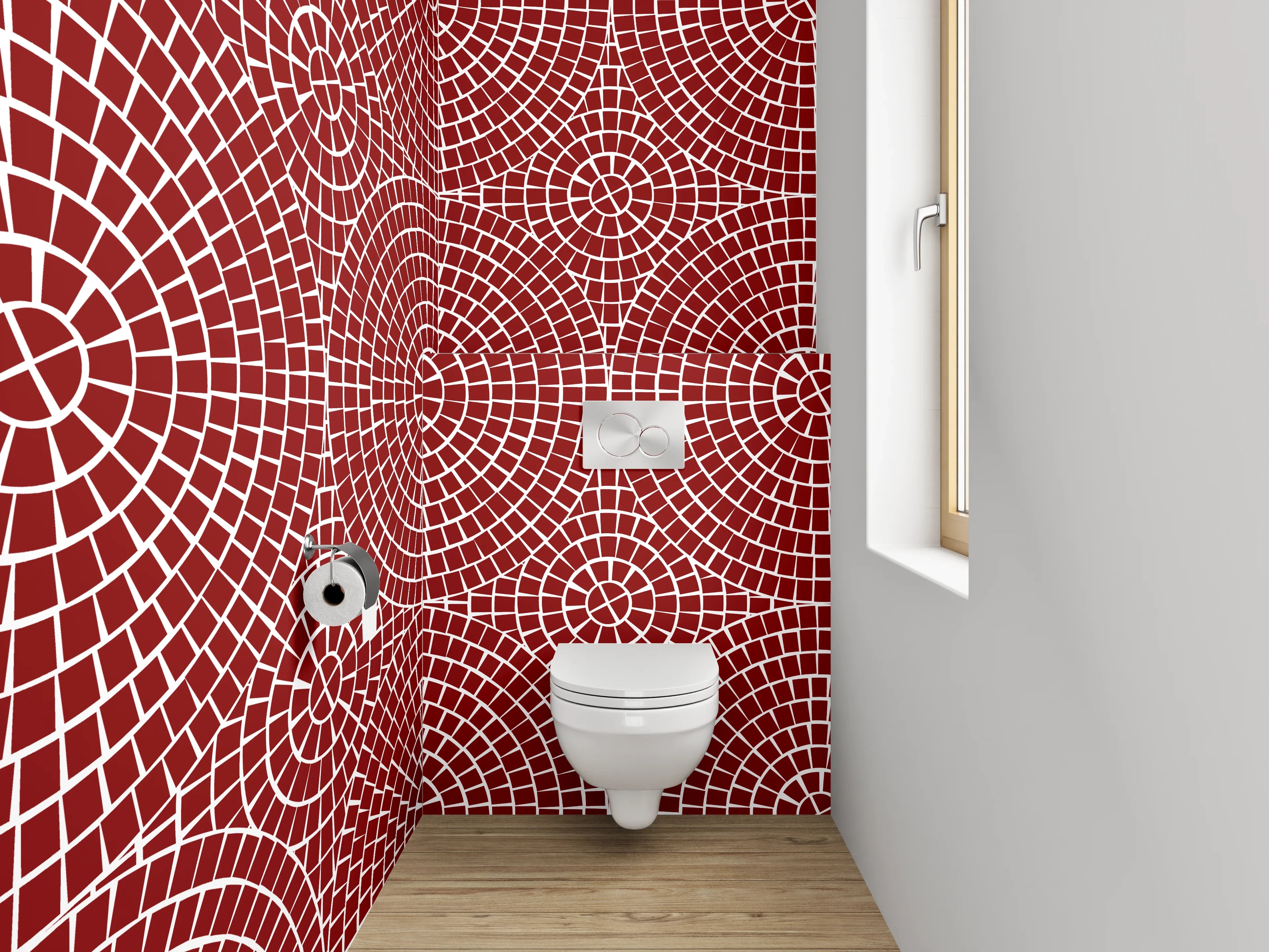 WC-Rückwand - Geometrisches Kreismuster auf Rot