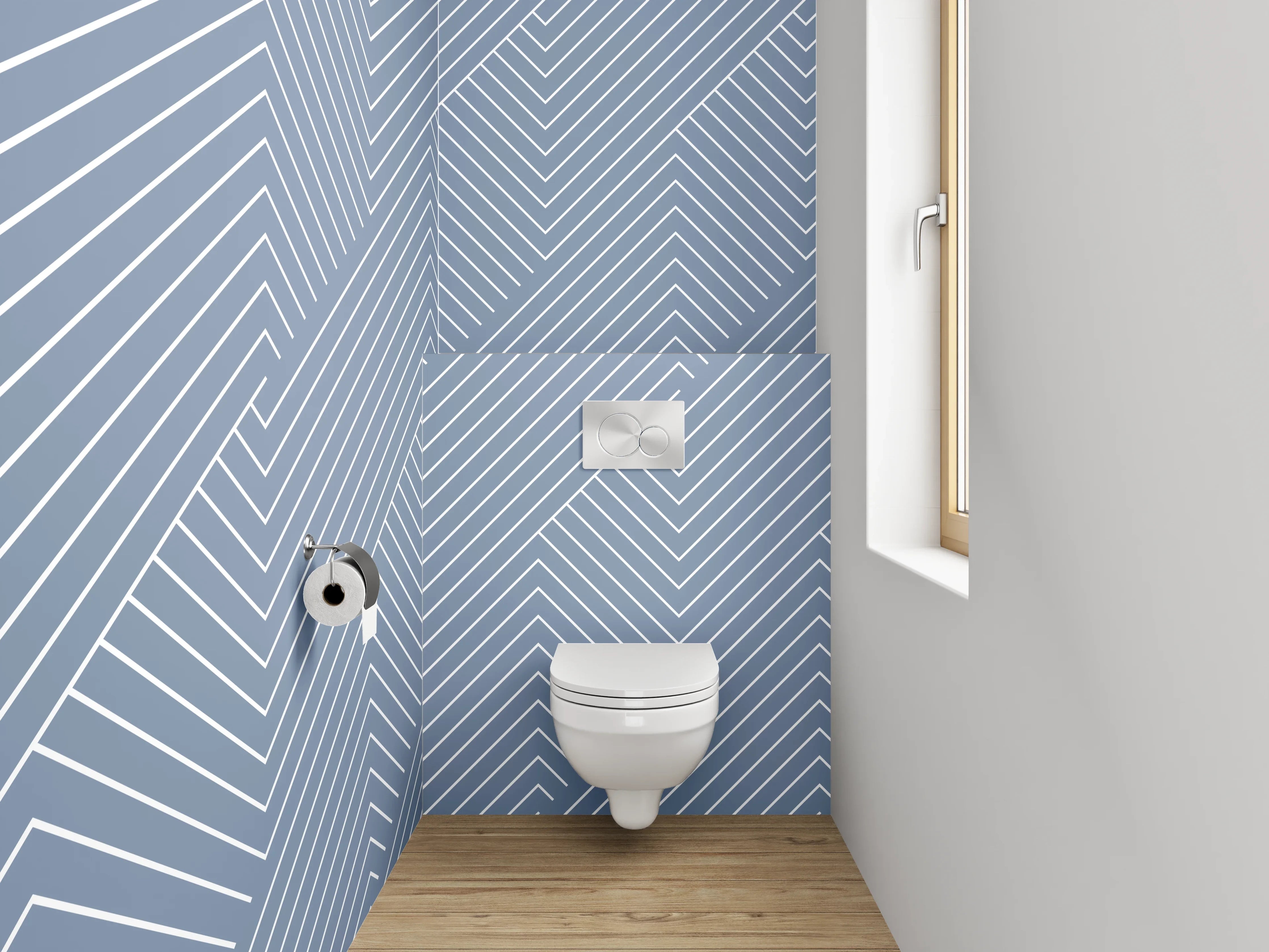 WC-Rückwand - Geometrisches Linienmuster in Blau-Grau