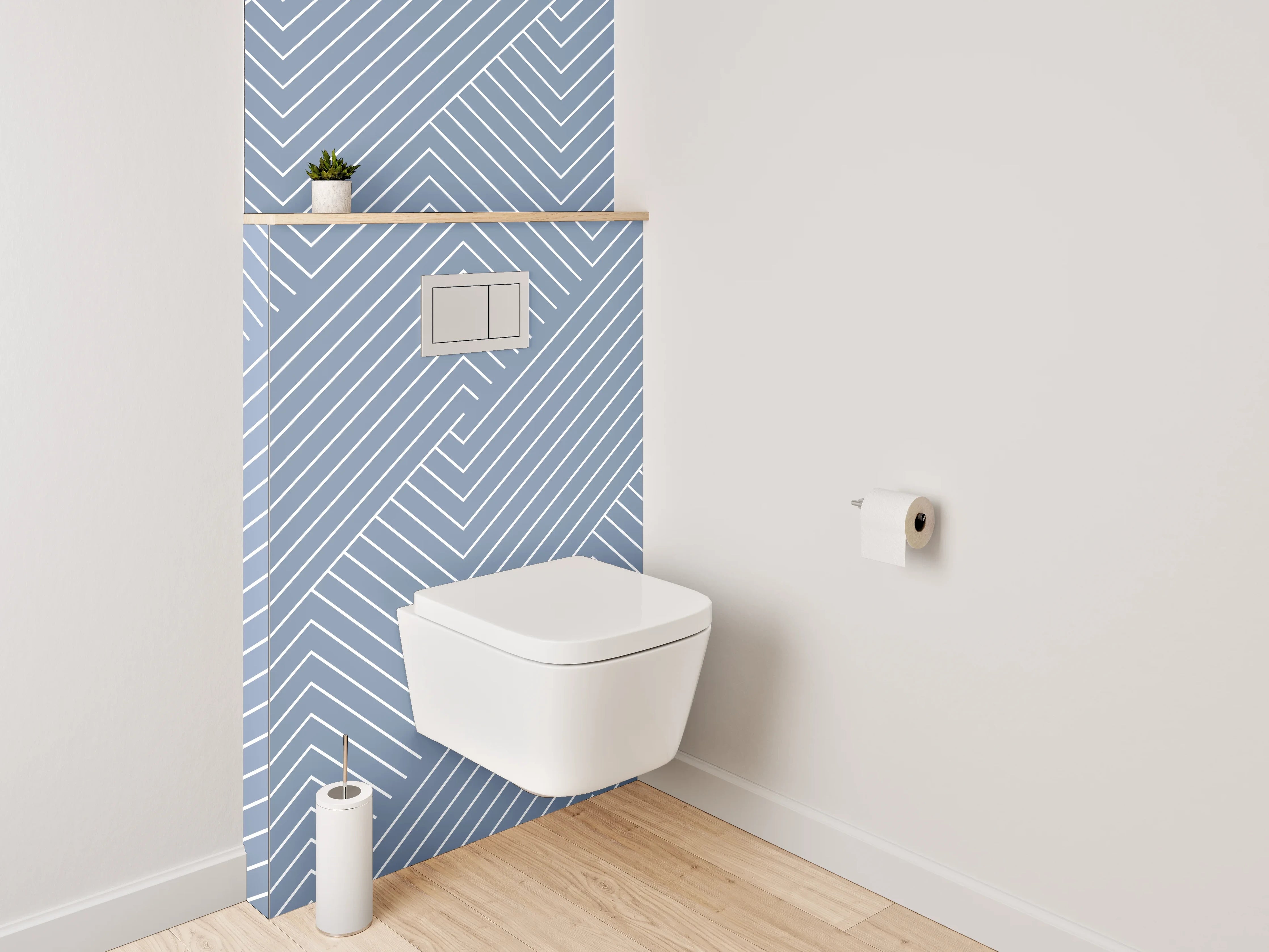WC-Rückwand - Geometrisches Linienmuster in Blau-Grau