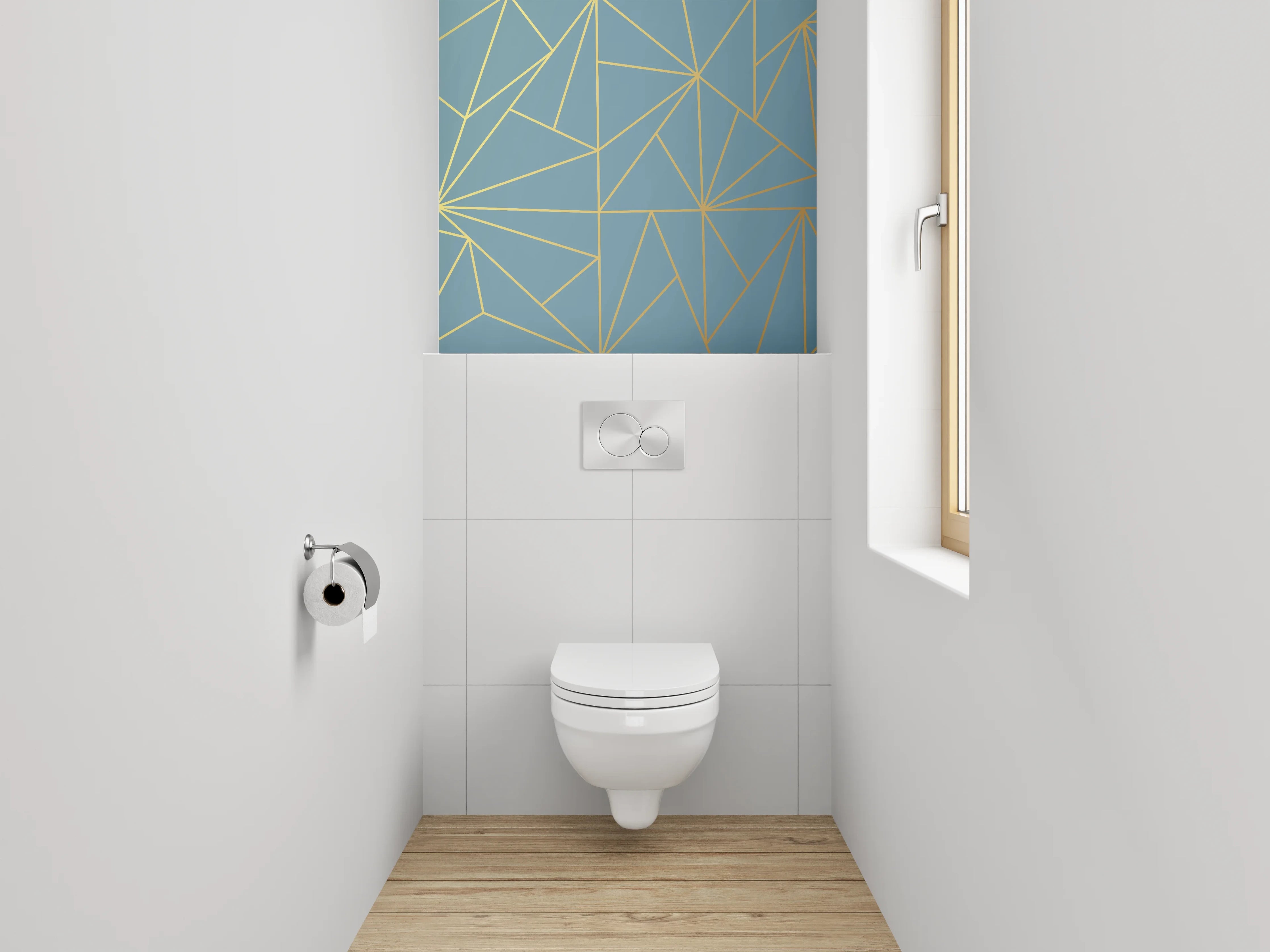 WC-Rückwand - Geometrisches Linienmuster in Blau und Gold