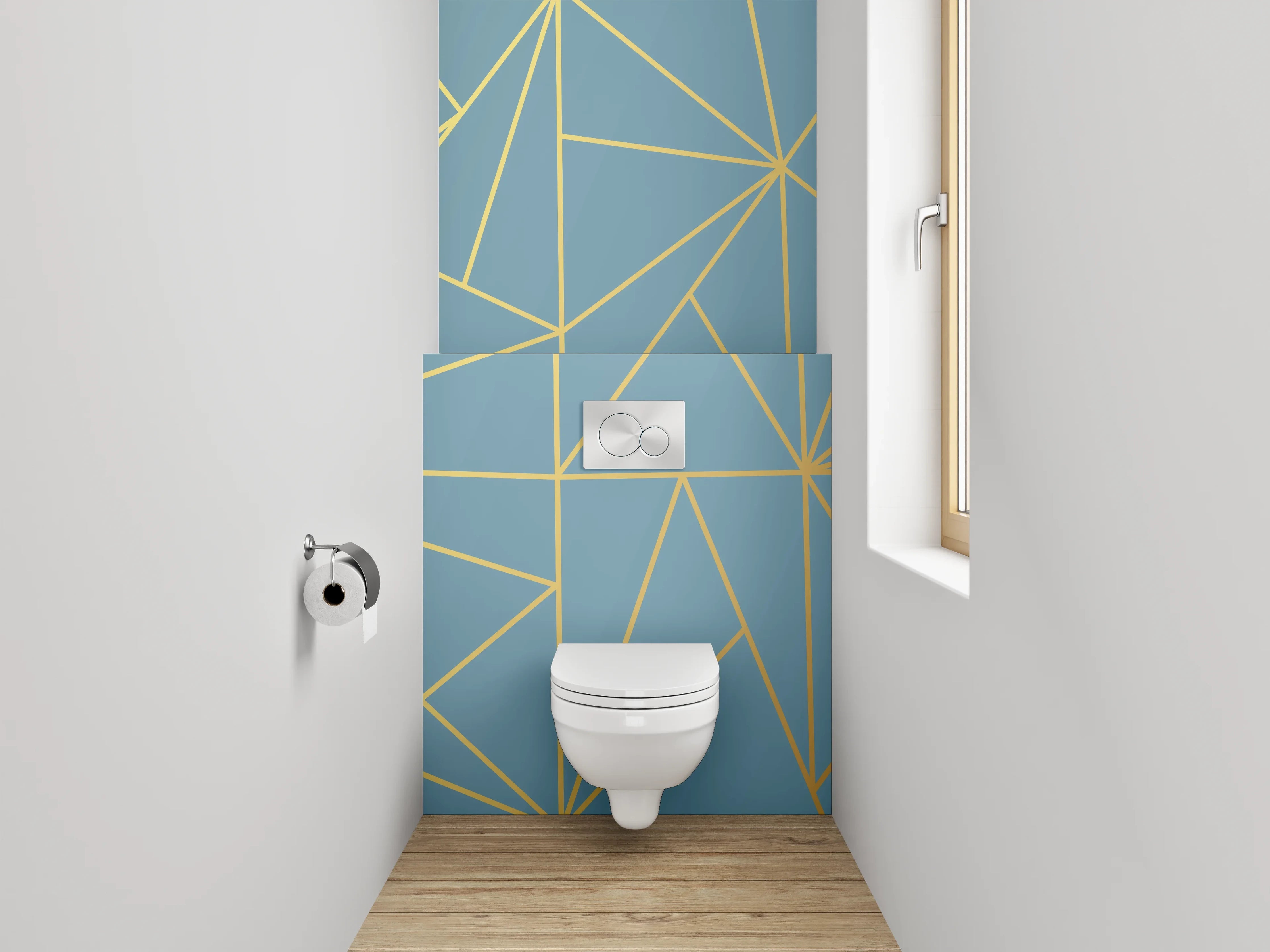 WC-Rückwand - Geometrisches Linienmuster in Blau und Gold