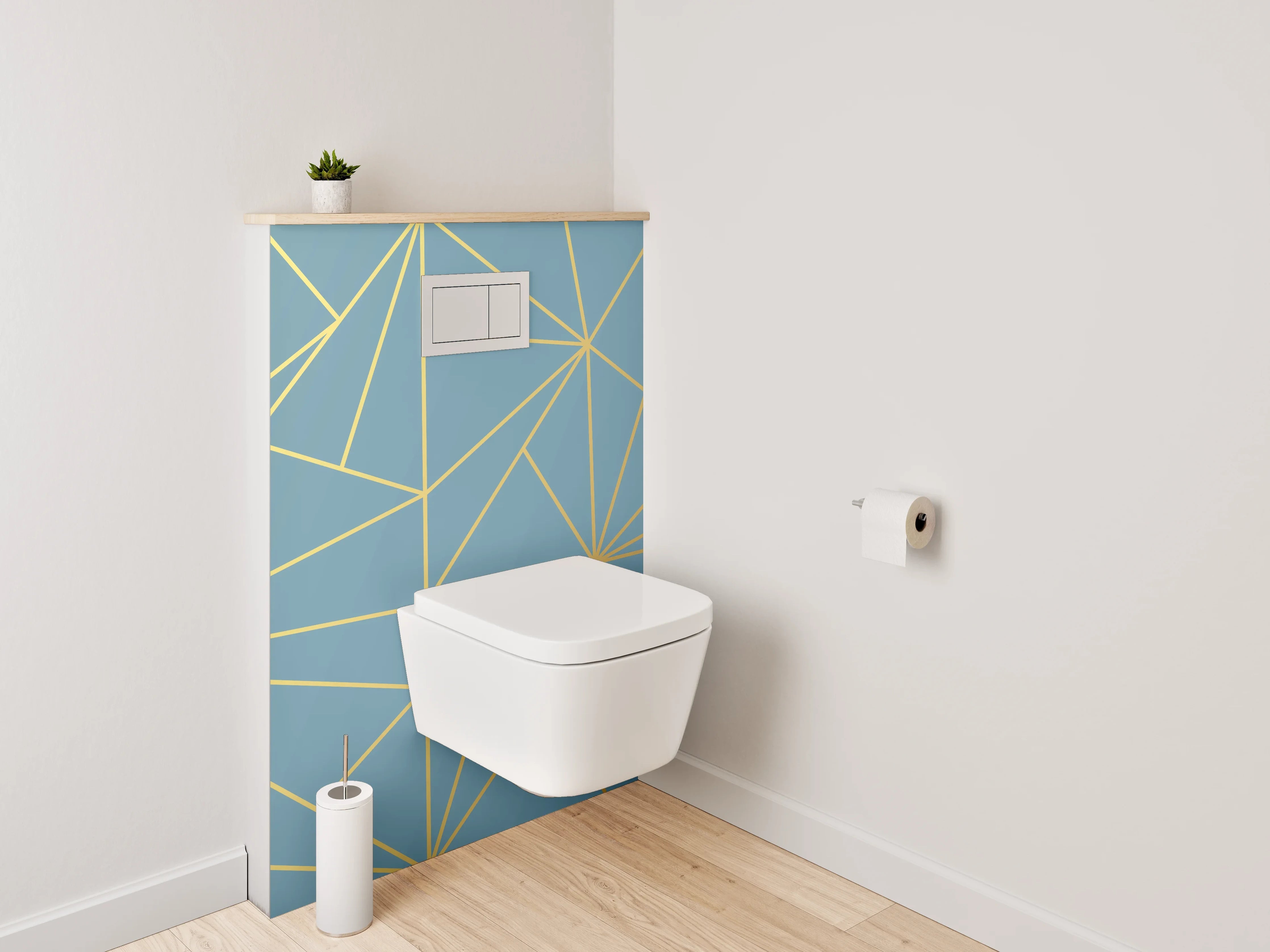 WC-Rückwand - Geometrisches Linienmuster in Blau und Gold