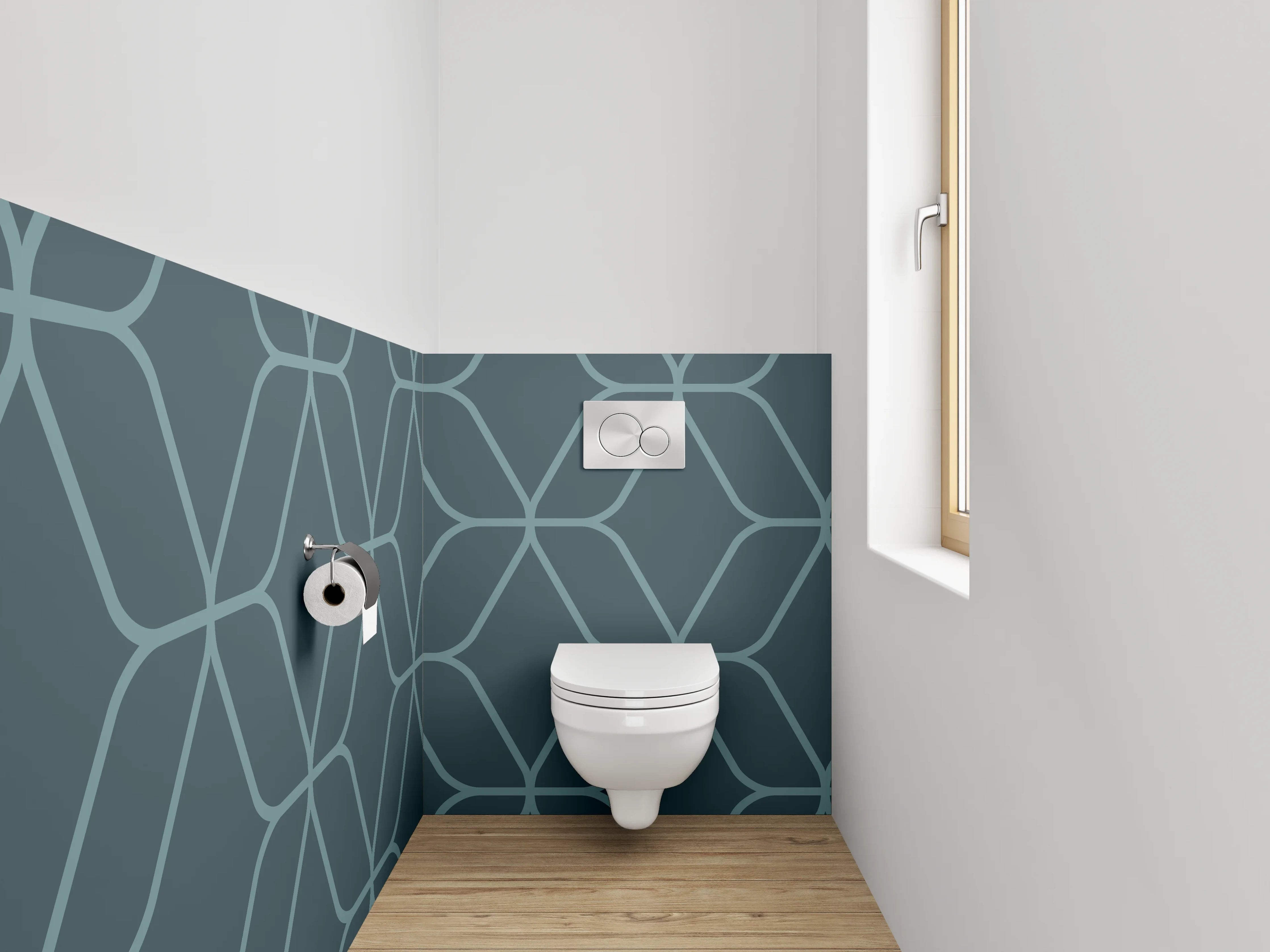 WC-Rückwand - Geometrisches Linienmuster in Blaugrün