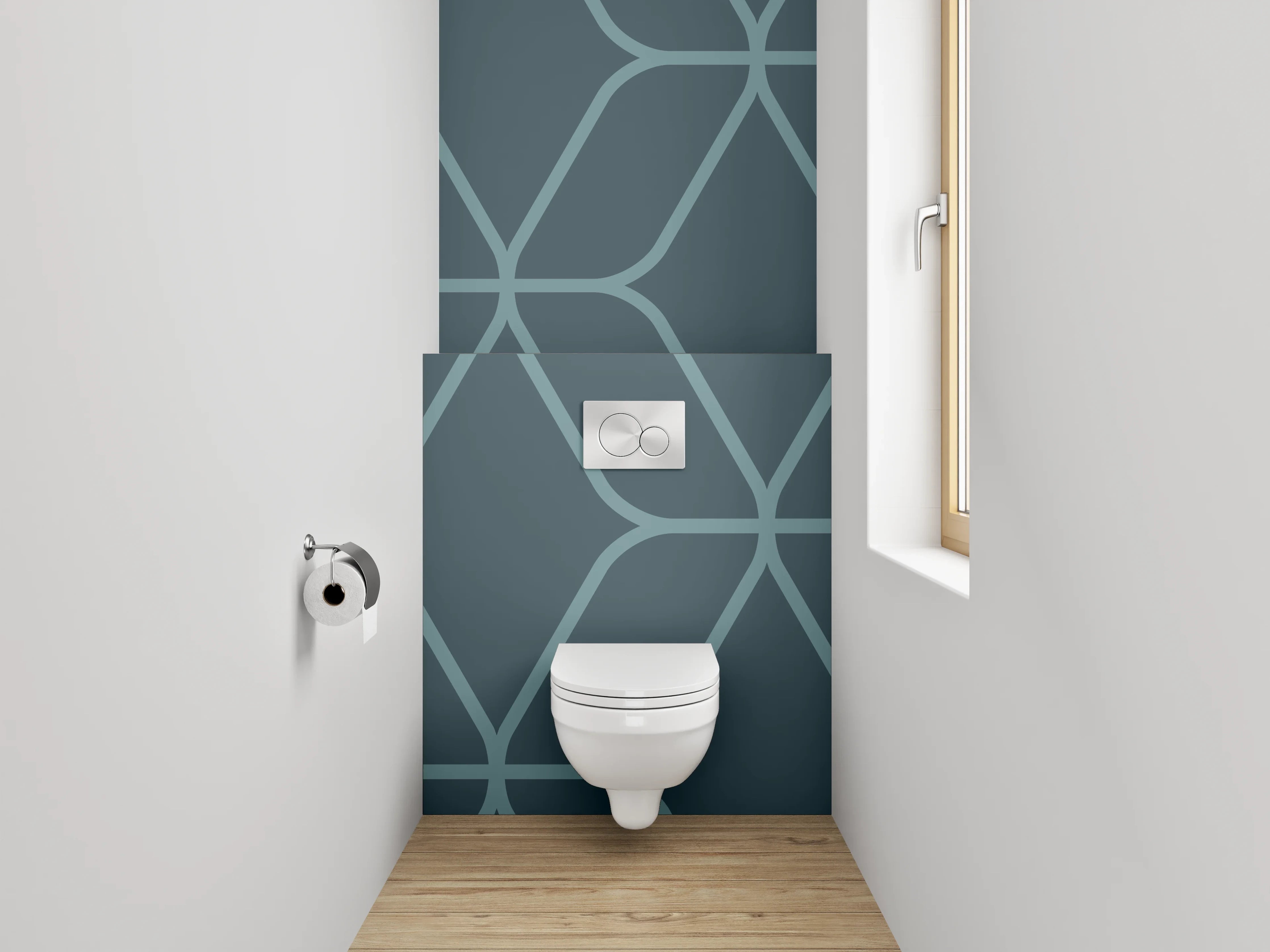 WC-Rückwand - Geometrisches Linienmuster in Blaugrün
