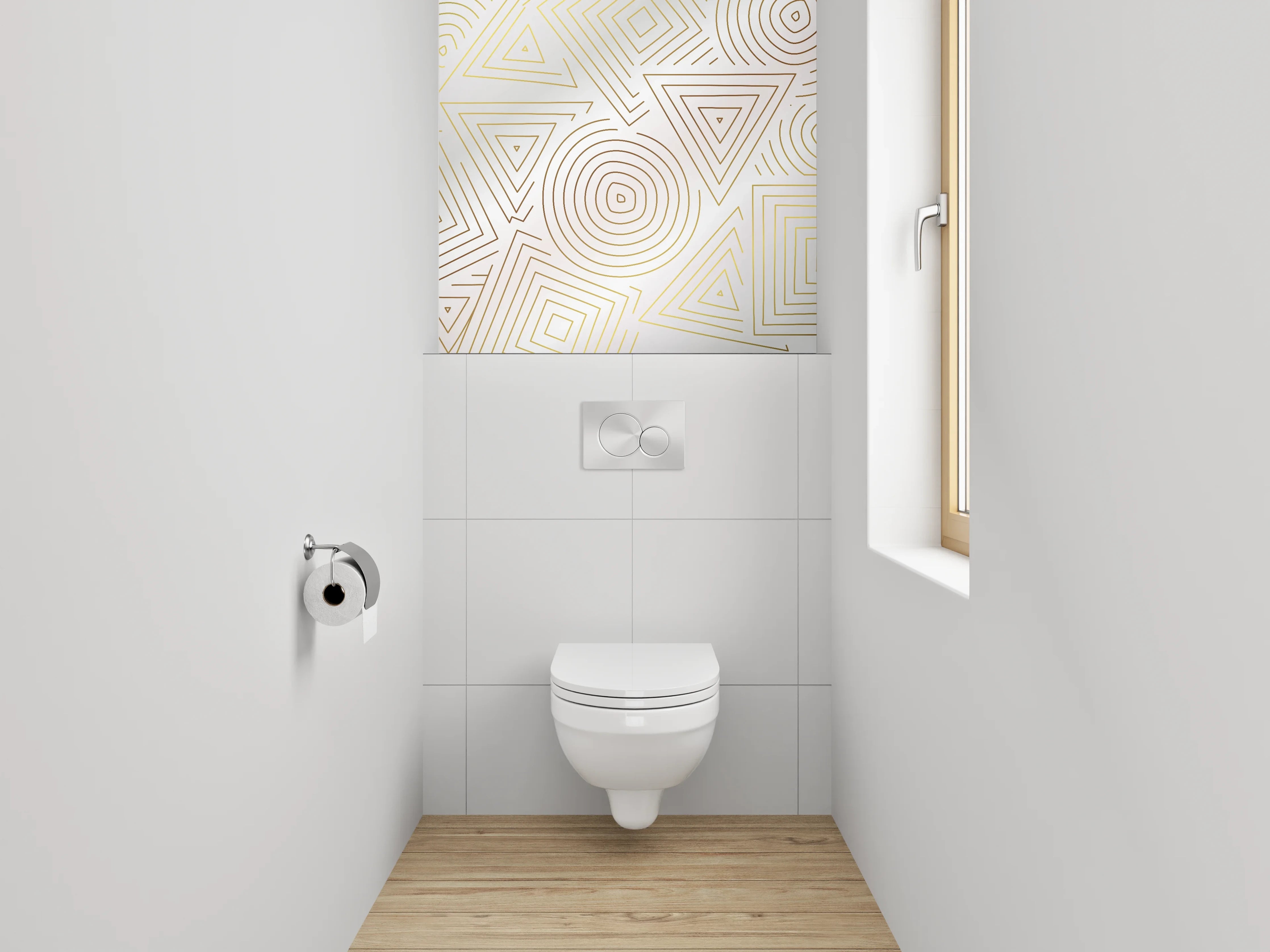 WC-Rückwand - Geometrisches Linienmuster in Gold auf Weiß