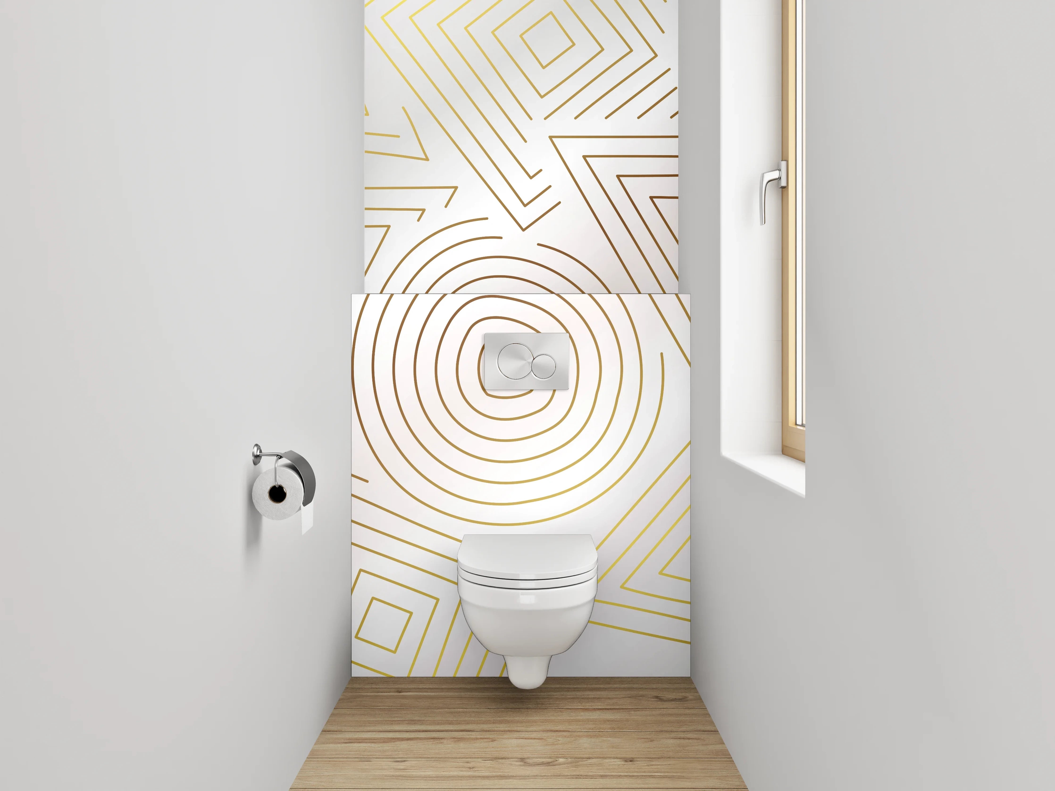 WC-Rückwand - Geometrisches Linienmuster in Gold auf Weiß
