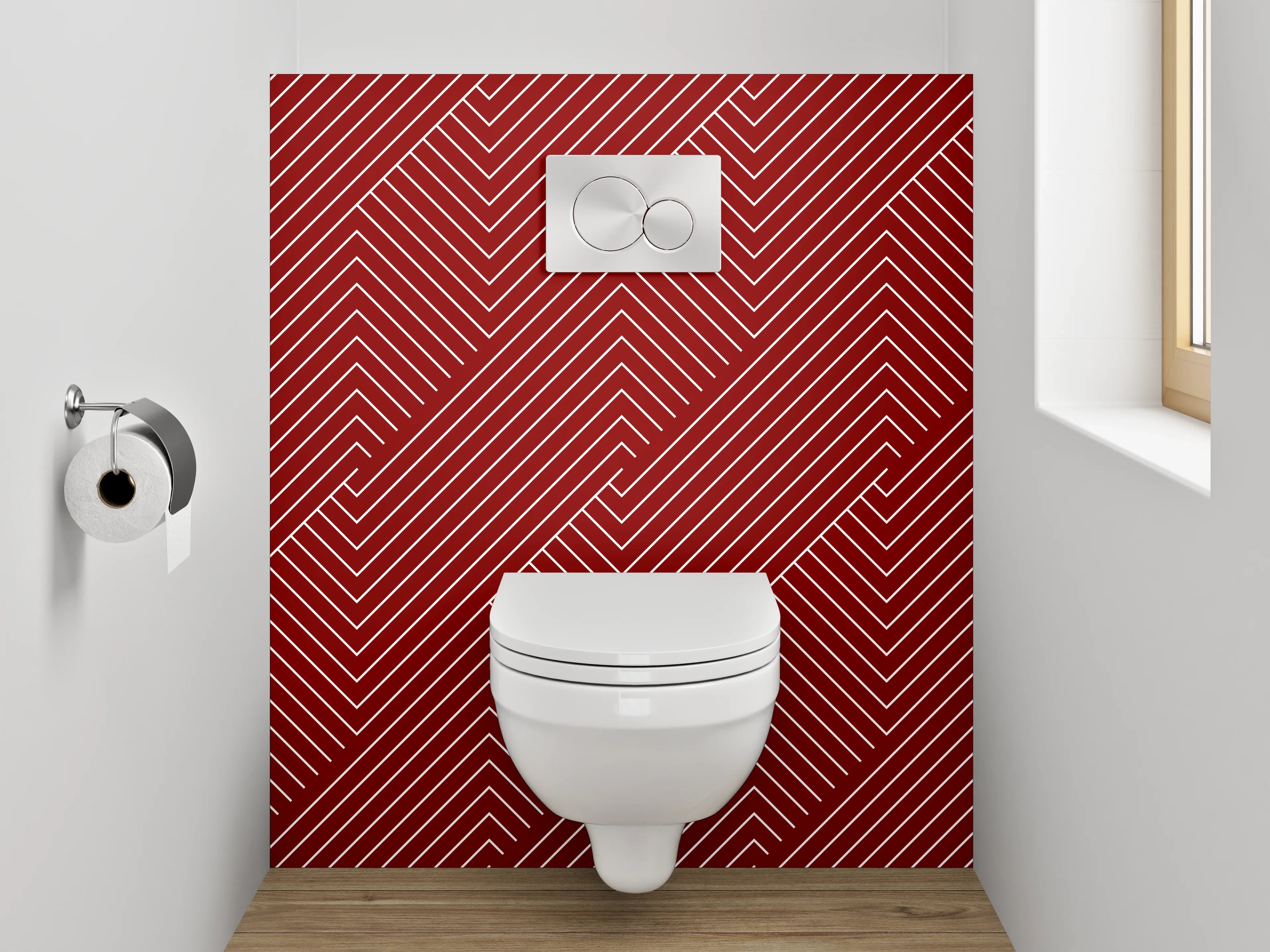 WC-Rückwand - Geometrisches Linienmuster in Rot-Weiß