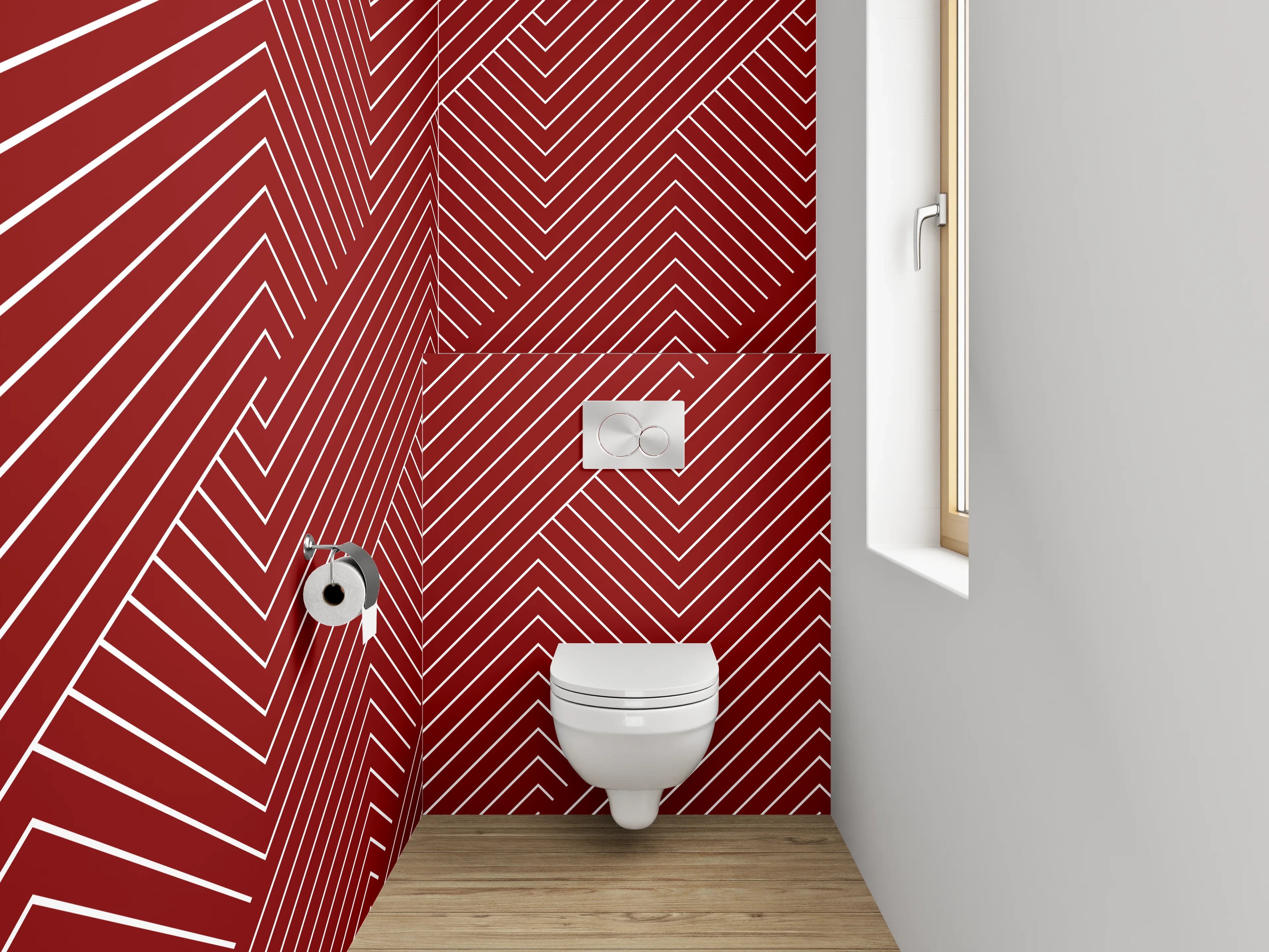 WC-Rückwand - Geometrisches Linienmuster in Rot-Weiß