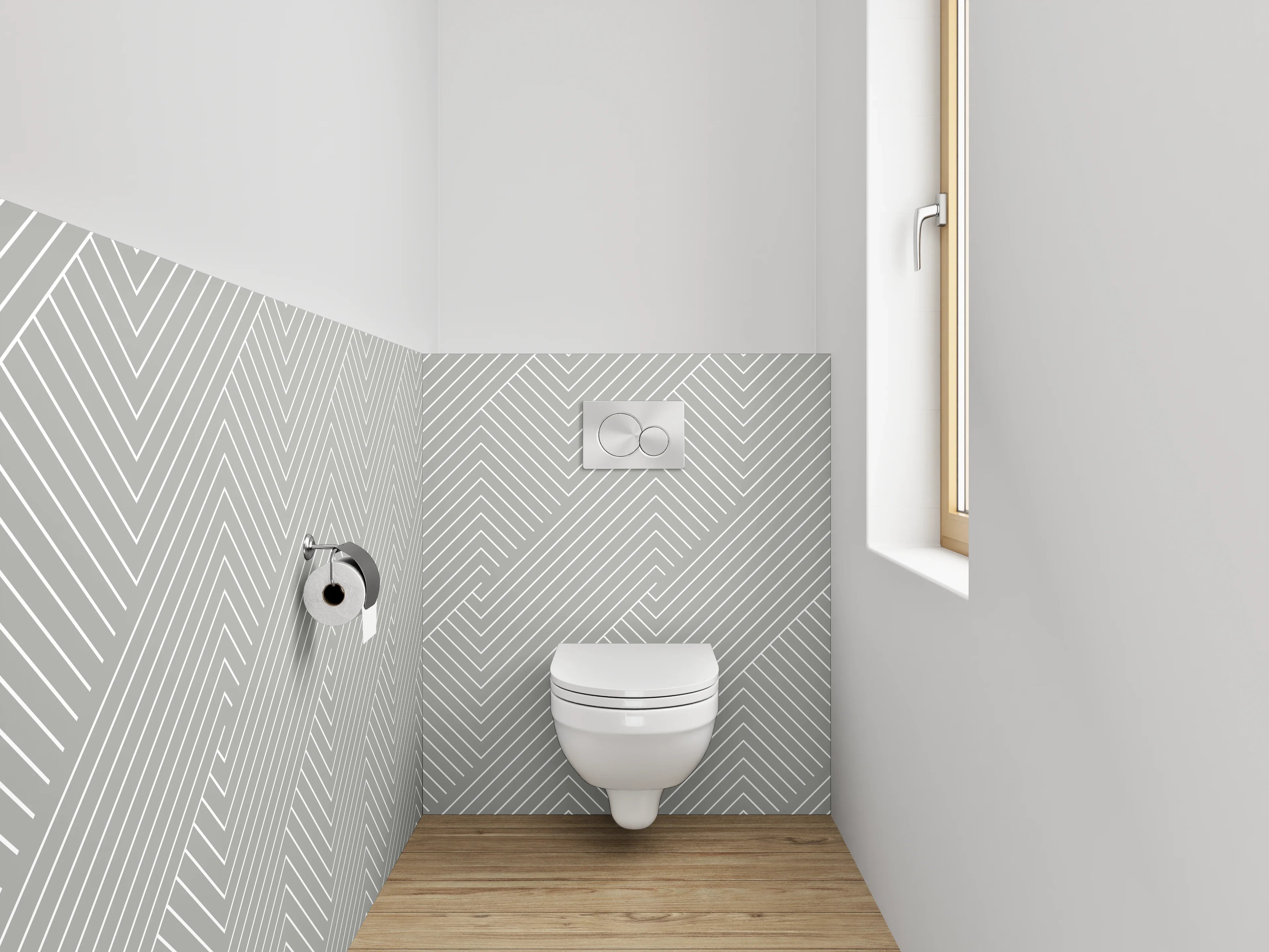 WC-Rückwand - Geometrisches Linienmuster in Weiß und Grau