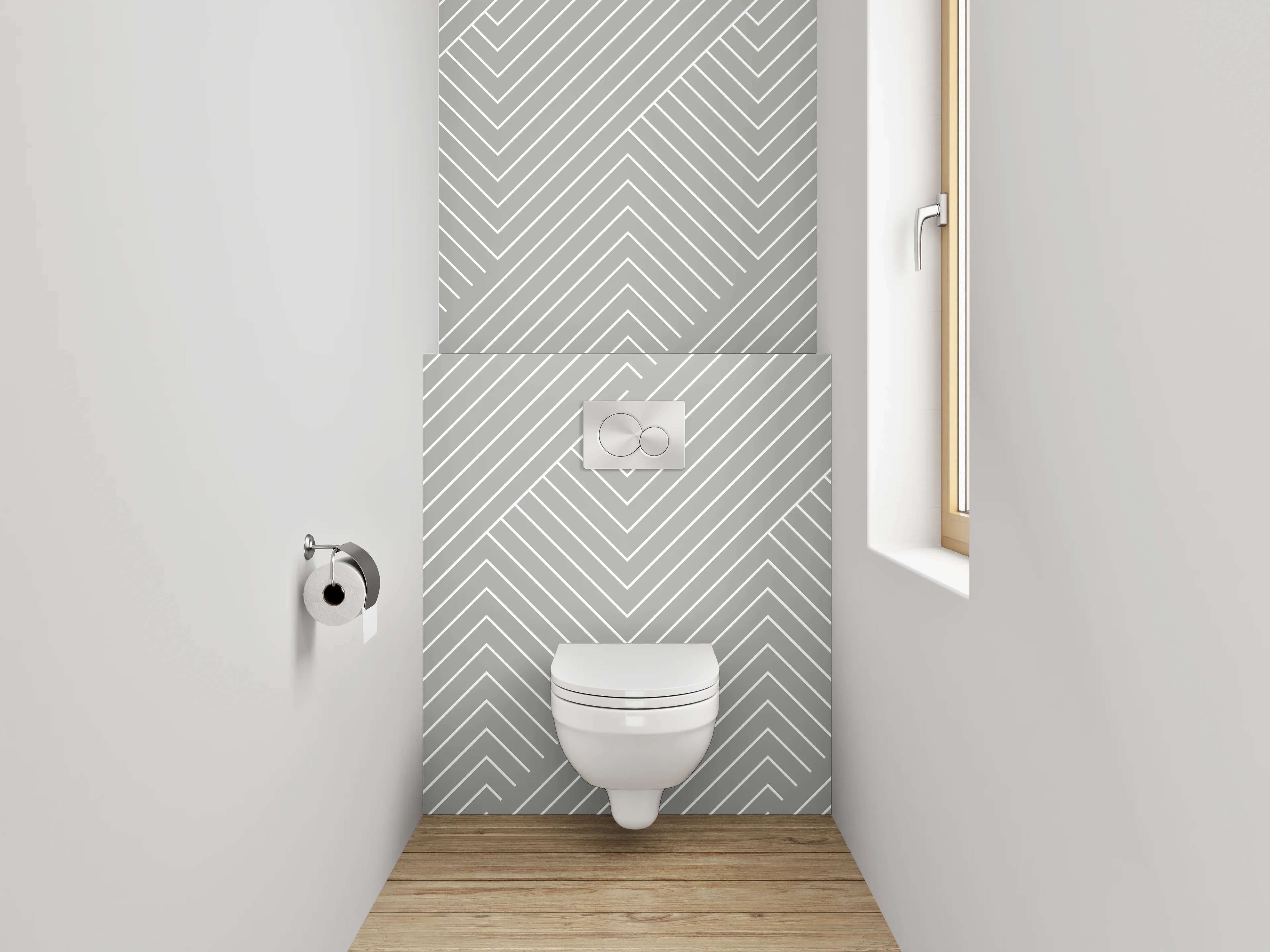 WC-Rückwand - Geometrisches Linienmuster in Weiß und Grau
