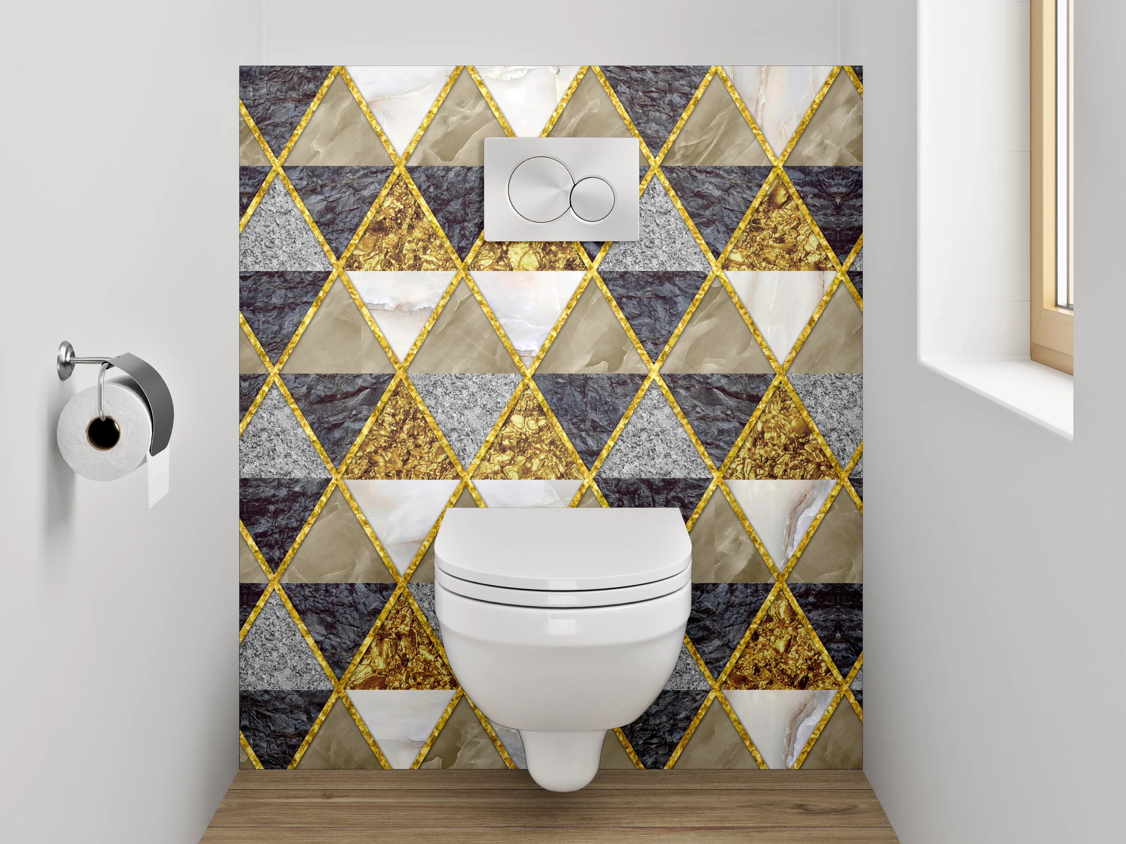 WC-Rückwand - Geometrisches Marmor-Gold-Dreiecksmuster