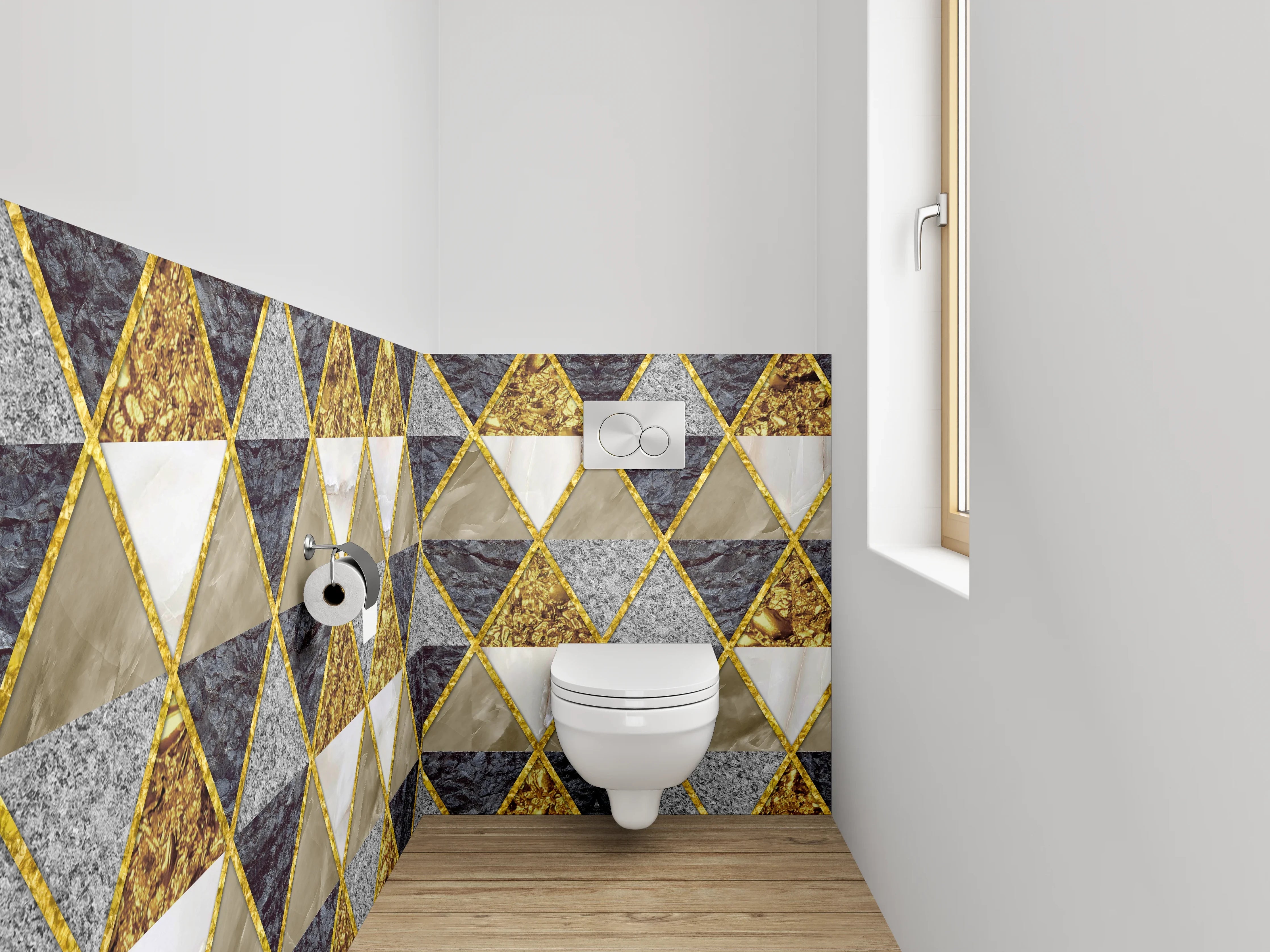 WC-Rückwand - Geometrisches Marmor-Gold-Dreiecksmuster