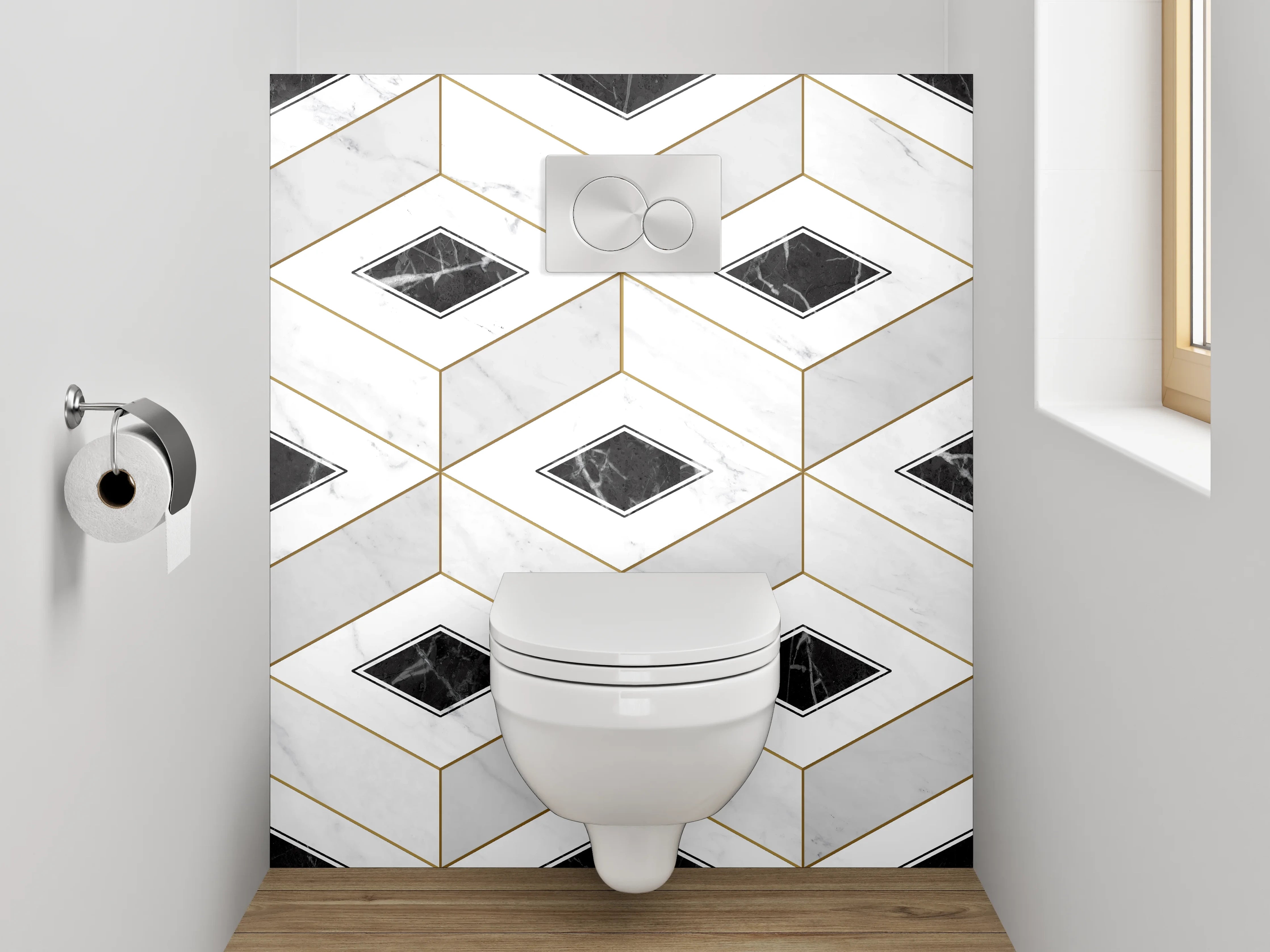 WC-Rückwand - Geometrisches Marmor-Muster in Weiß und Schwarz