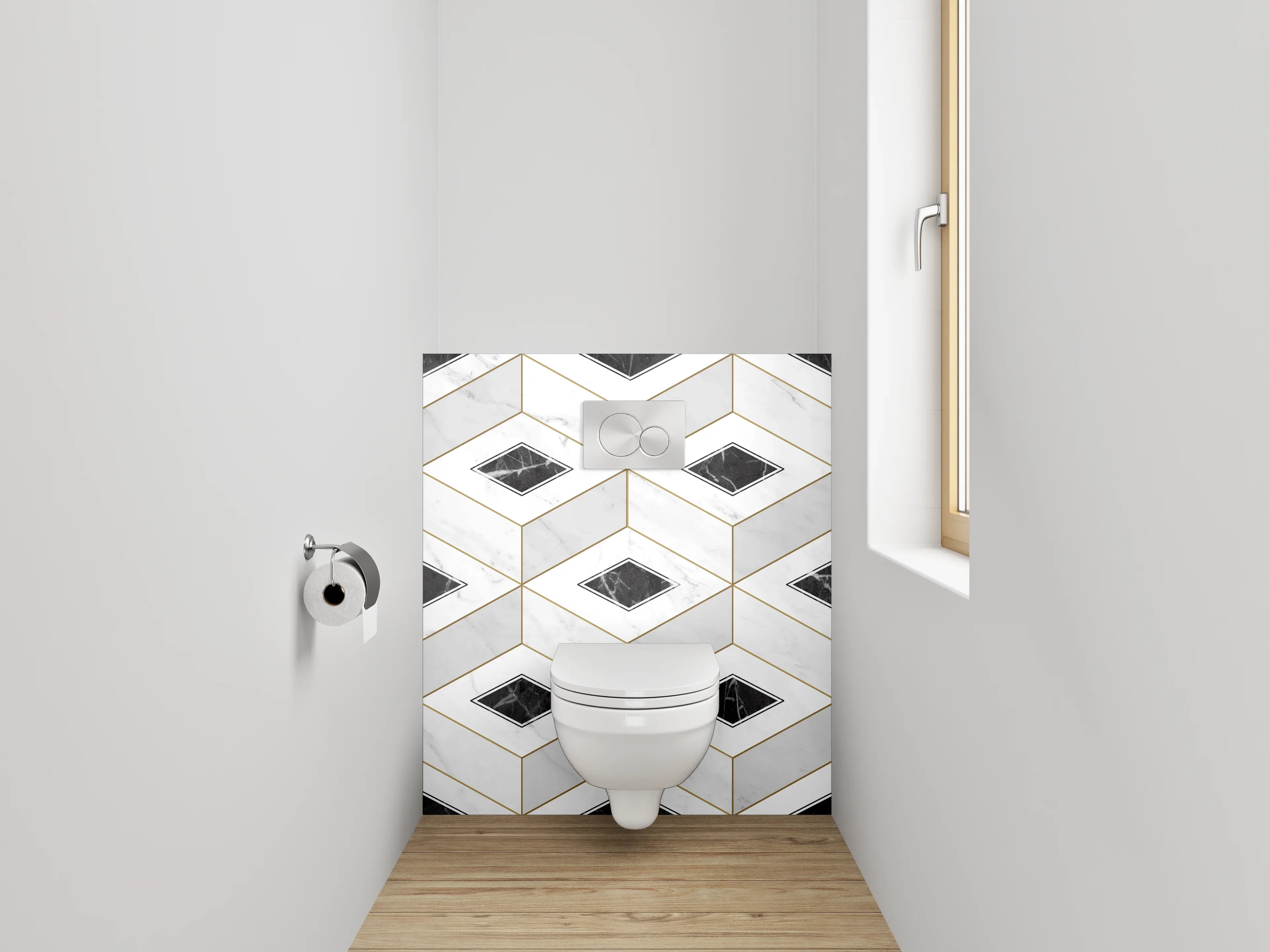 WC-Rückwand - Geometrisches Marmor-Muster in Weiß und Schwarz