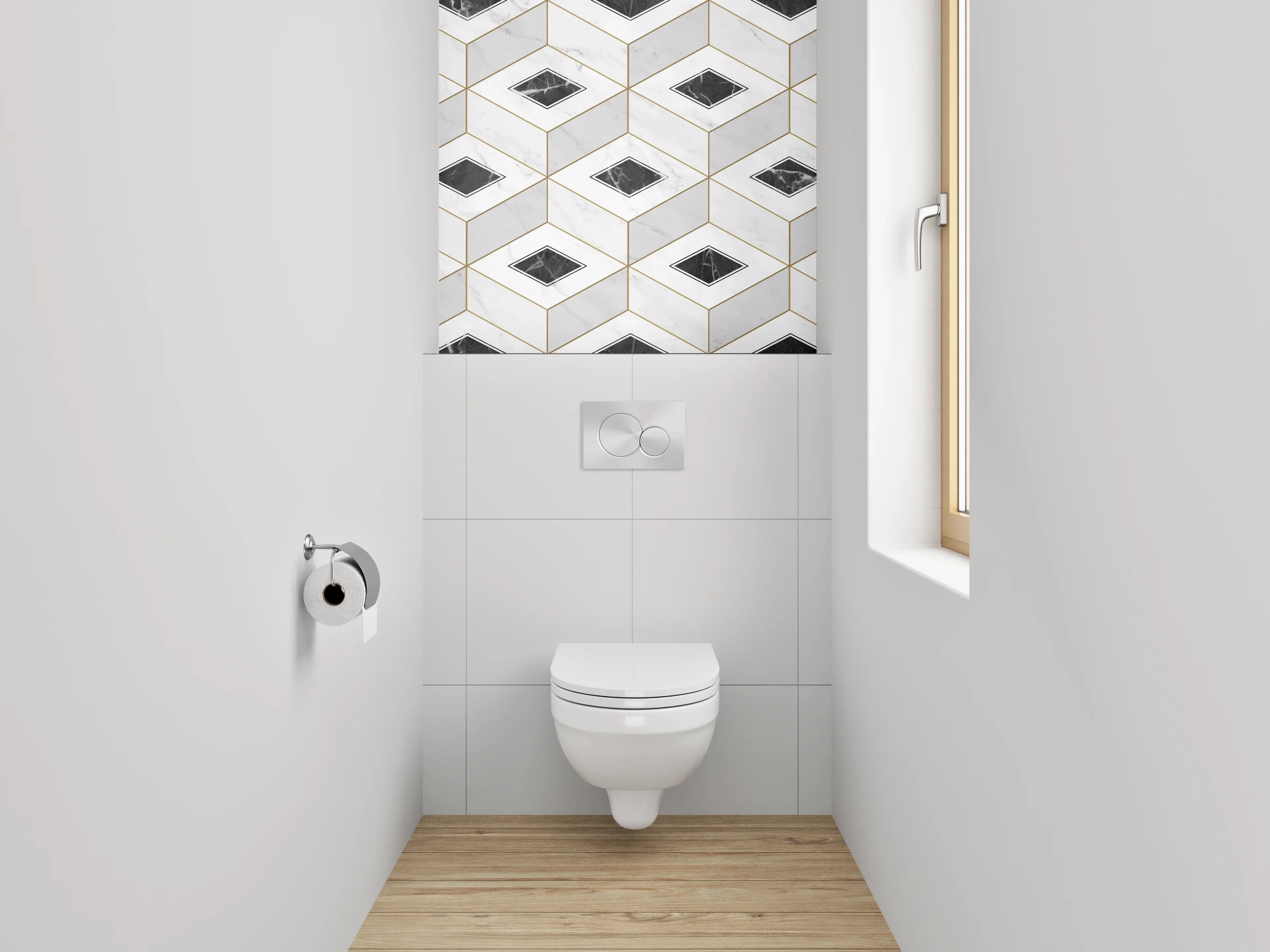 WC-Rückwand - Geometrisches Marmor-Muster in Weiß und Schwarz