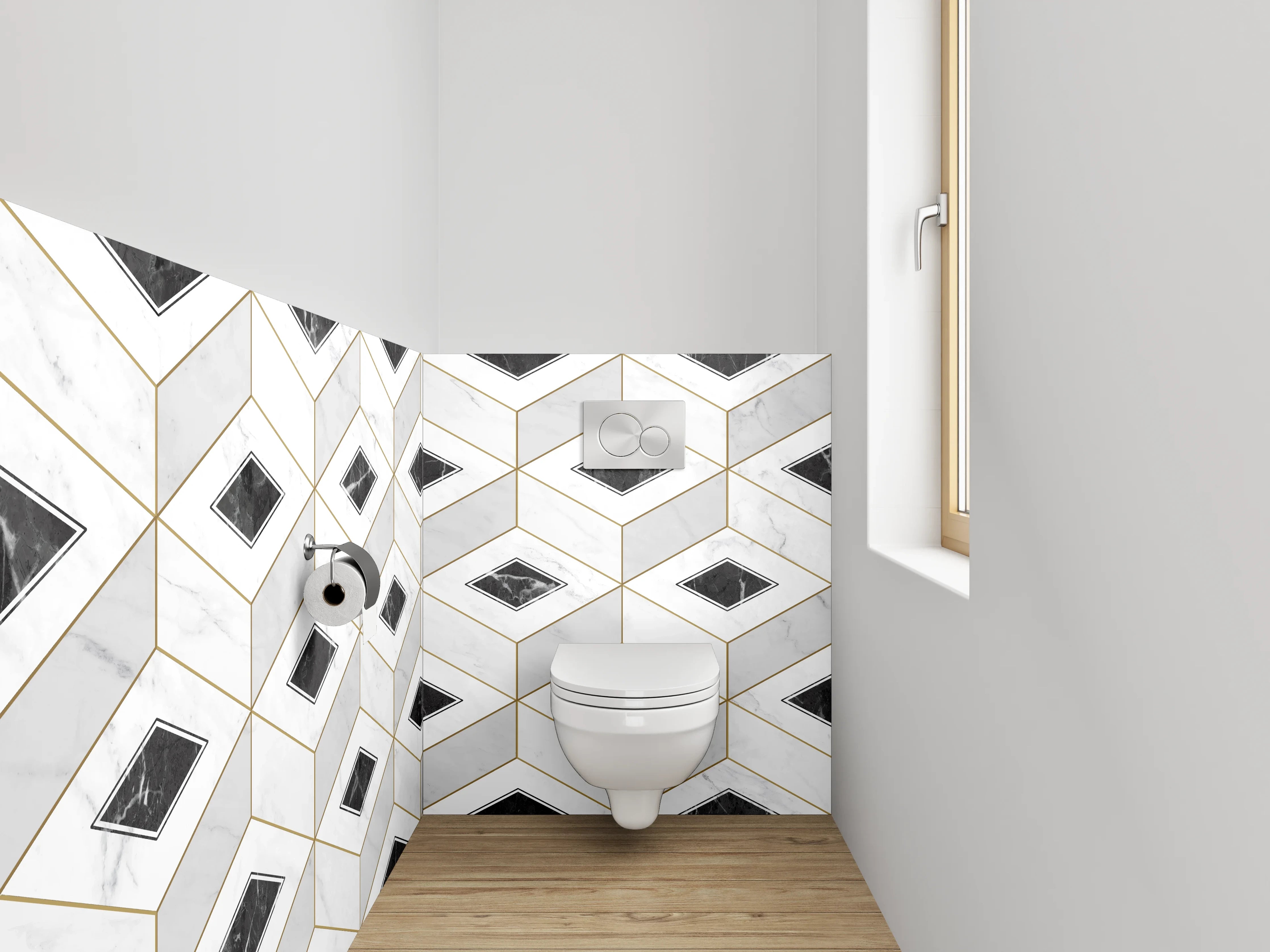 WC-Rückwand - Geometrisches Marmor-Muster in Weiß und Schwarz