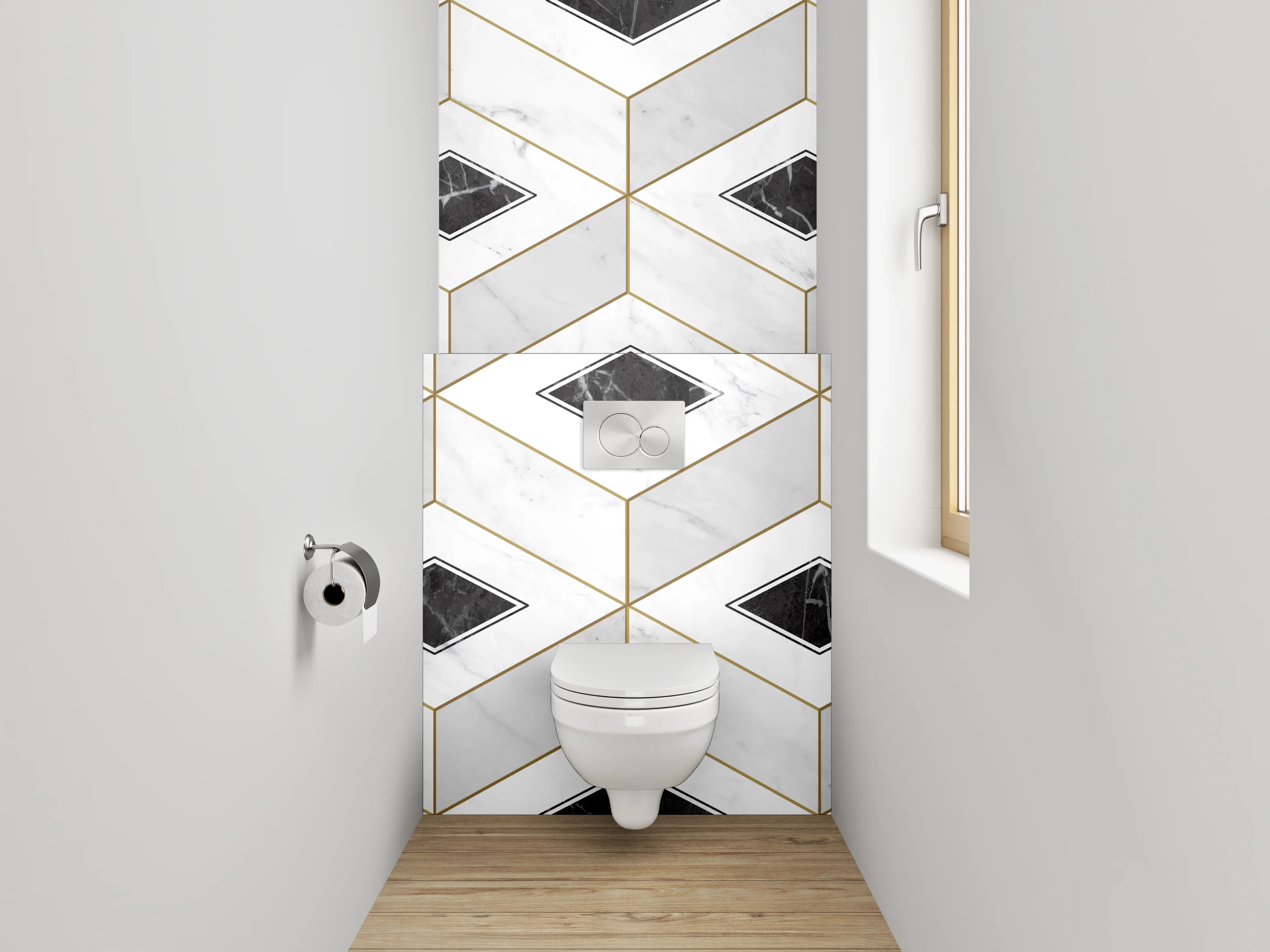 WC-Rückwand - Geometrisches Marmor-Muster in Weiß und Schwarz