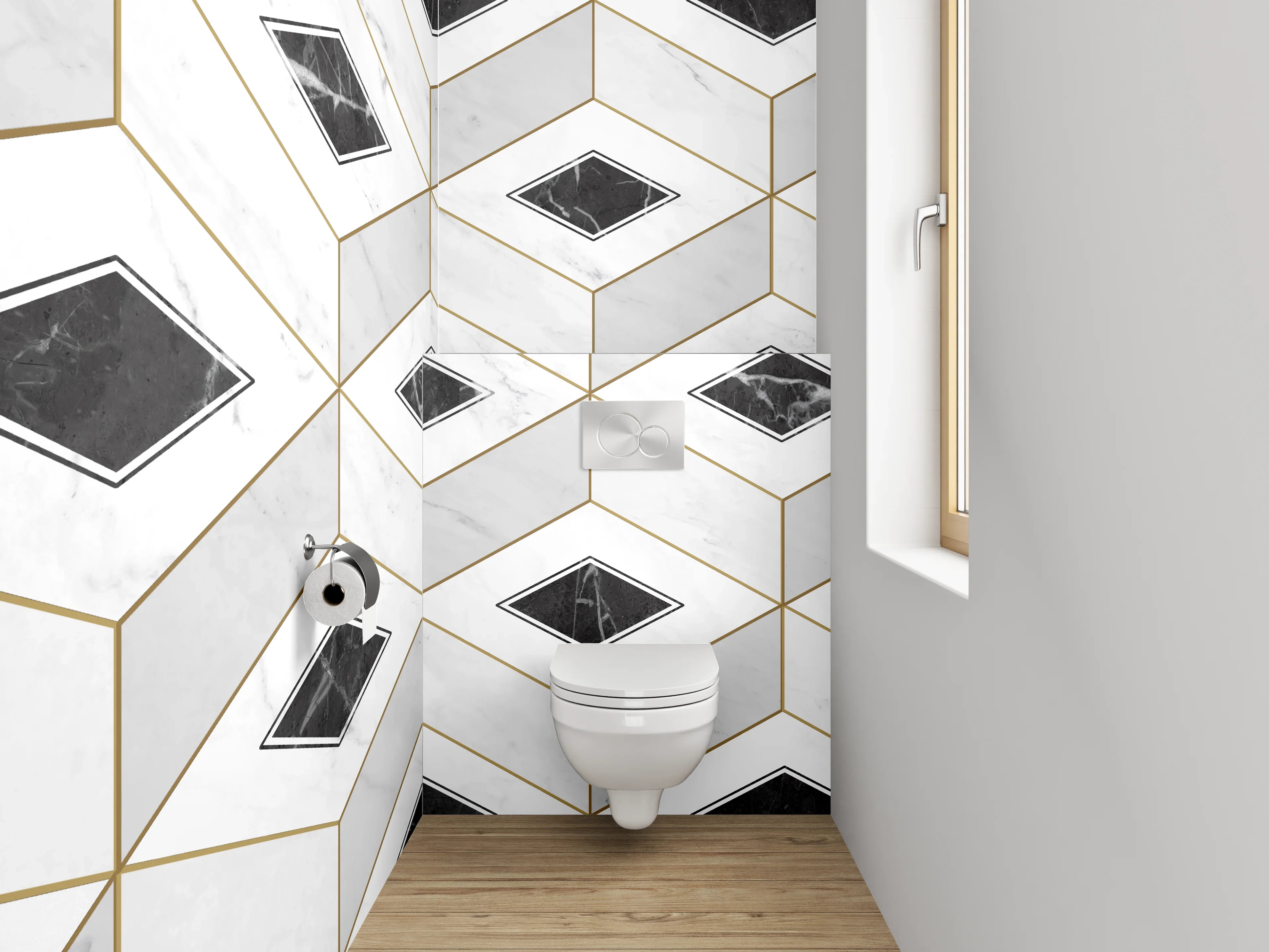 WC-Rückwand - Geometrisches Marmor-Muster in Weiß und Schwarz