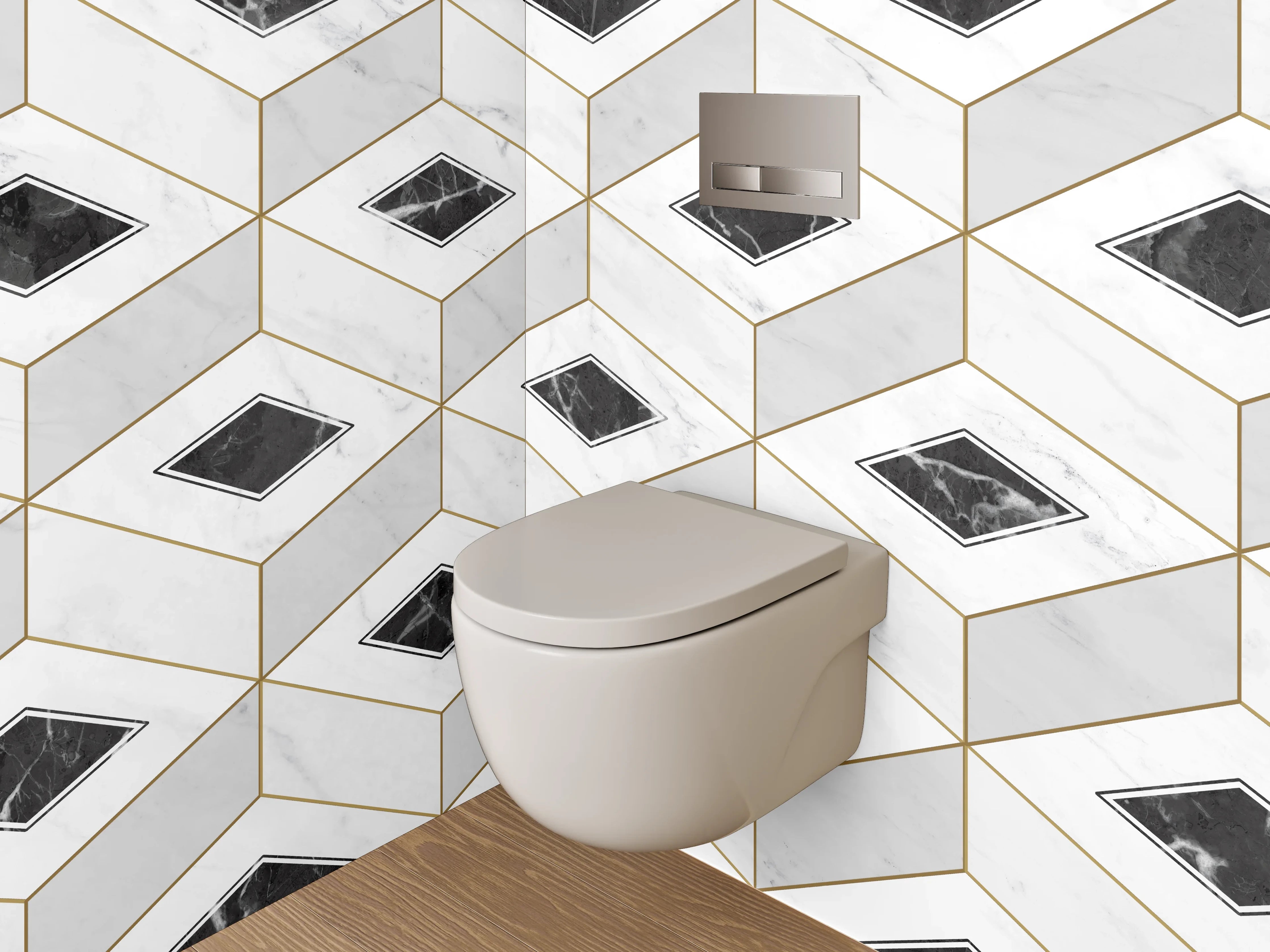 WC-Rückwand - Geometrisches Marmor-Muster in Weiß und Schwarz