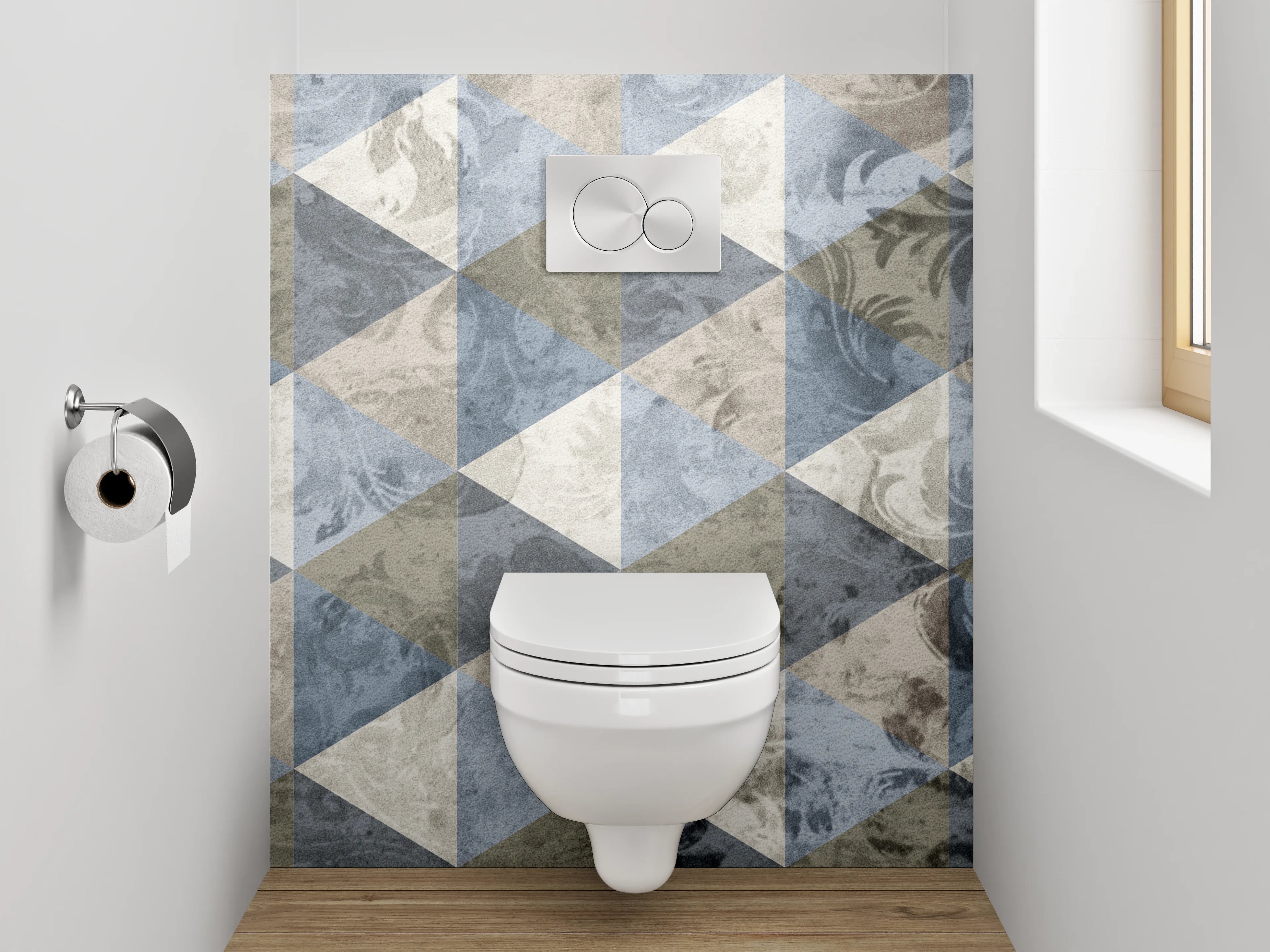 WC-Rückwand - Geometrisches Mosaik in Blau und Beige