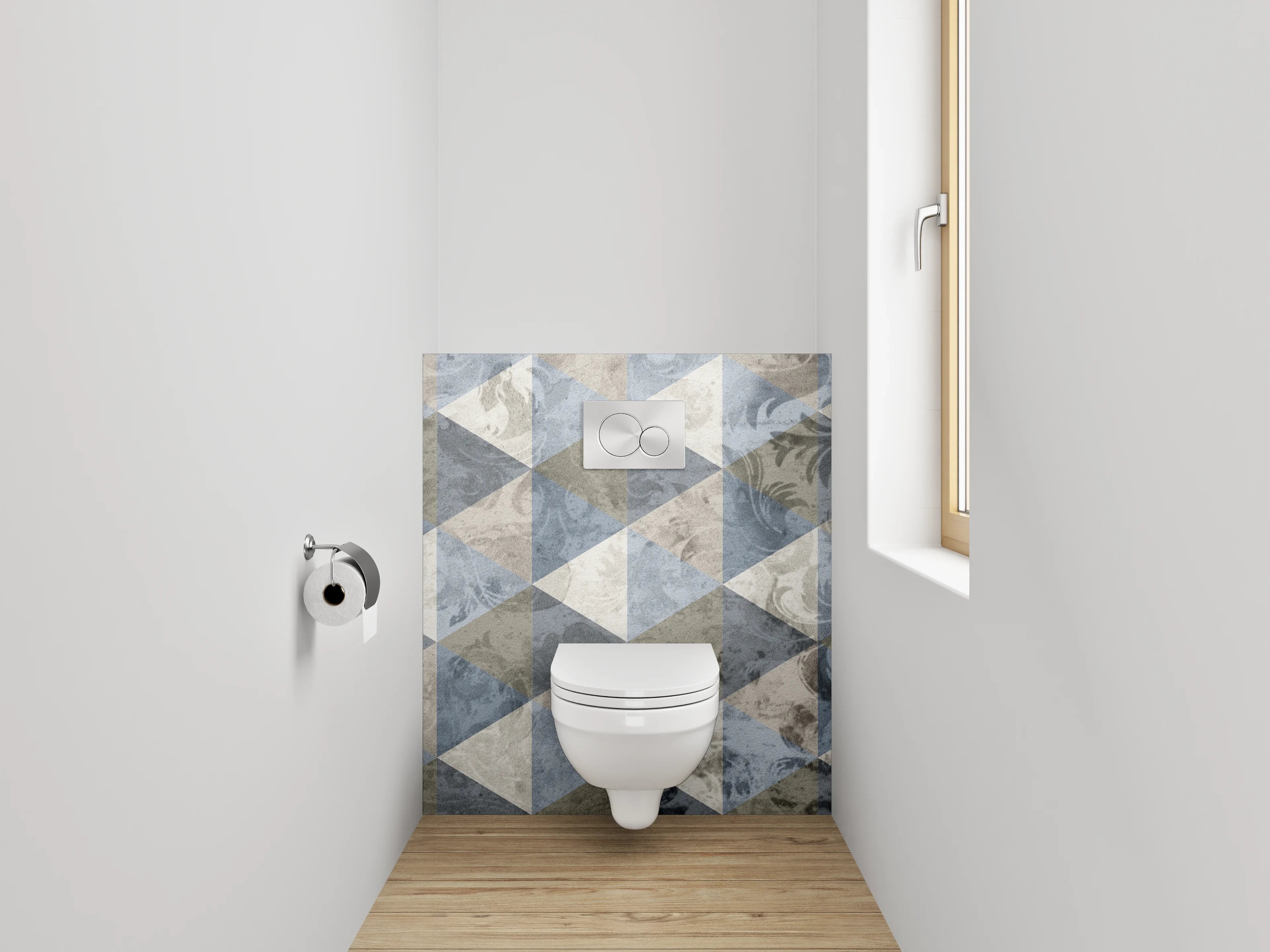 WC-Rückwand - Geometrisches Mosaik in Blau und Beige