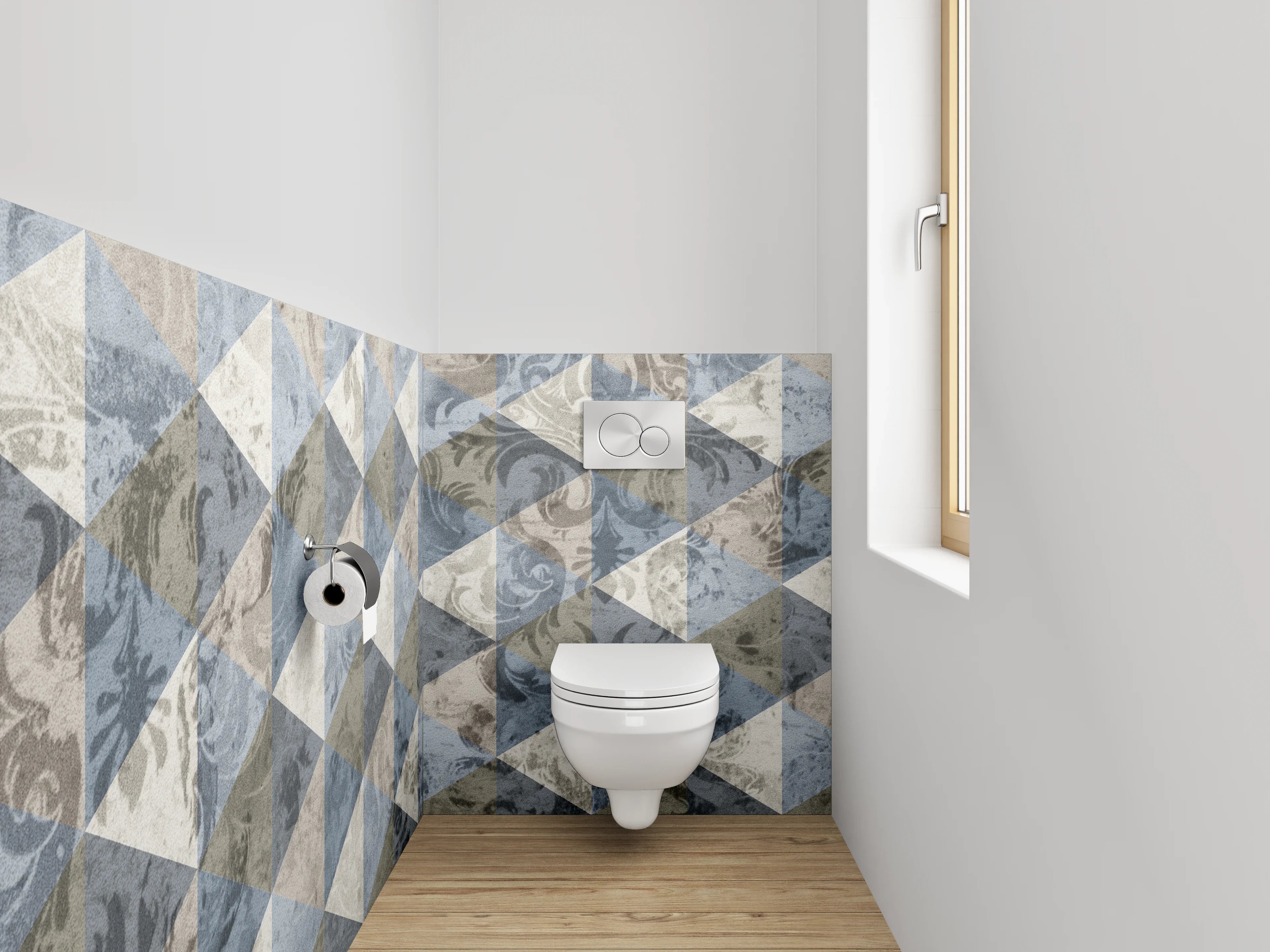 WC-Rückwand - Geometrisches Mosaik in Blau und Beige