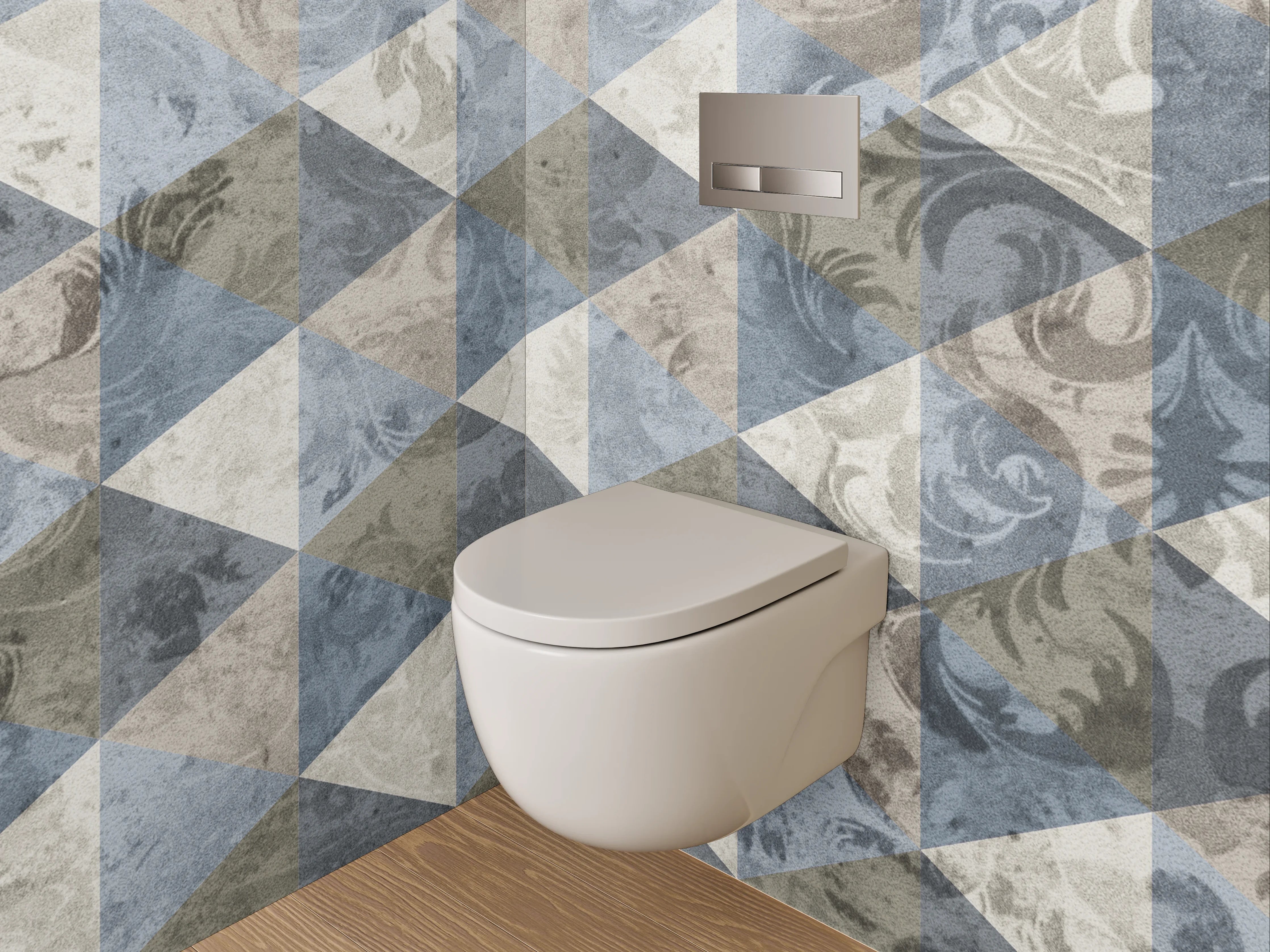 WC-Rückwand - Geometrisches Mosaik in Blau und Beige