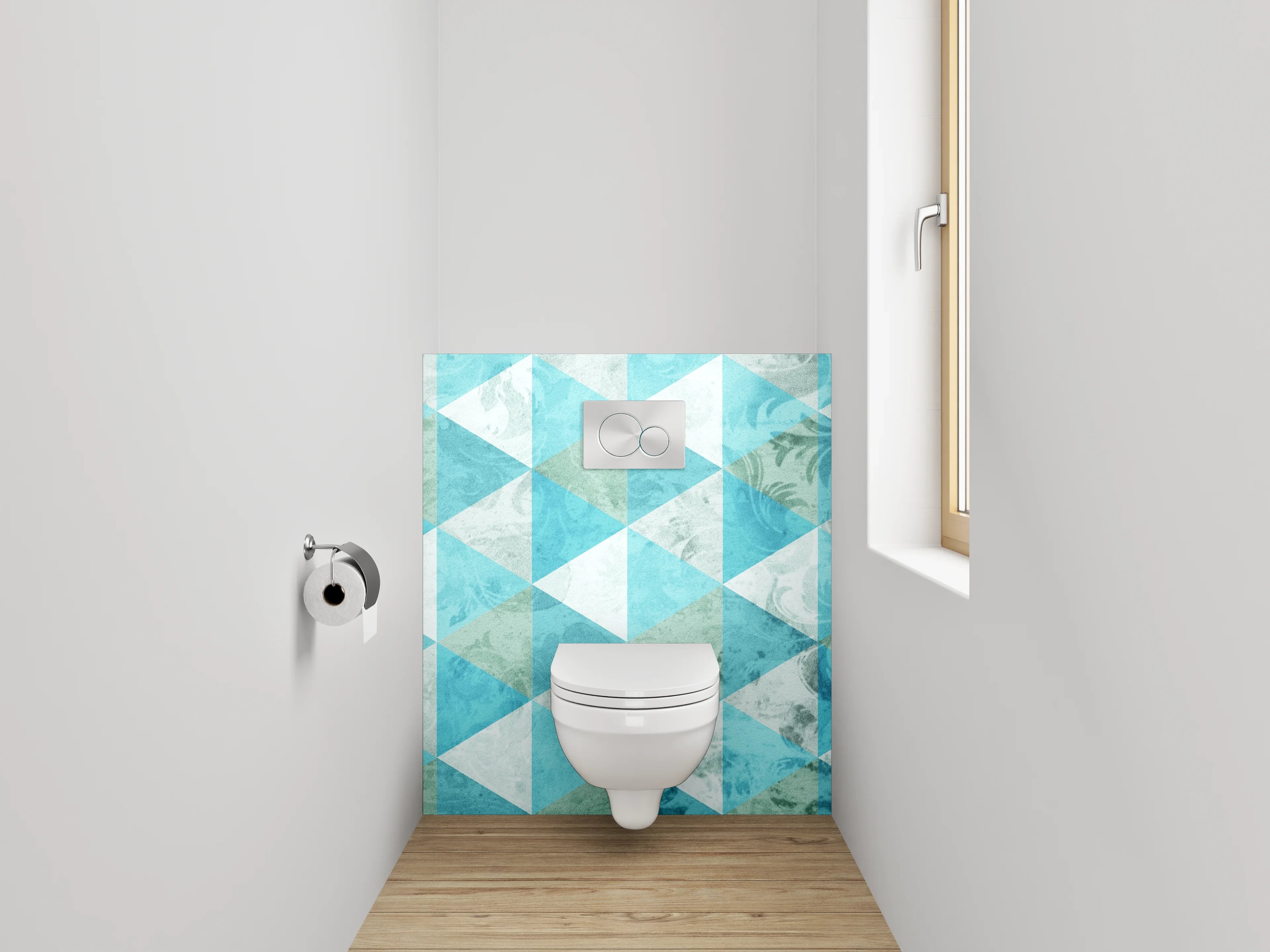 WC-Rückwand - Geometrisches Mosaik in Türkis und Weiß