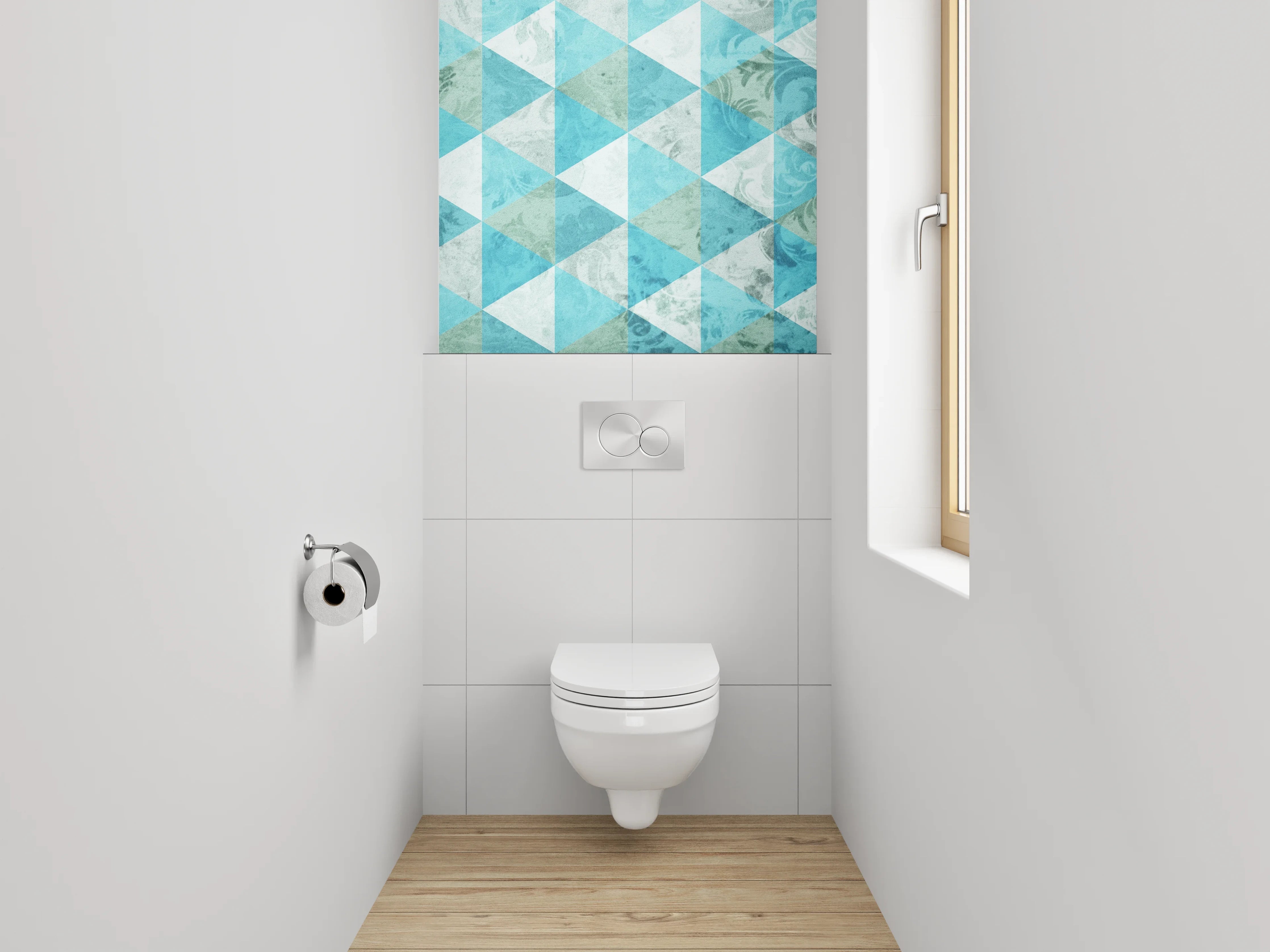 WC-Rückwand - Geometrisches Mosaik in Türkis und Weiß