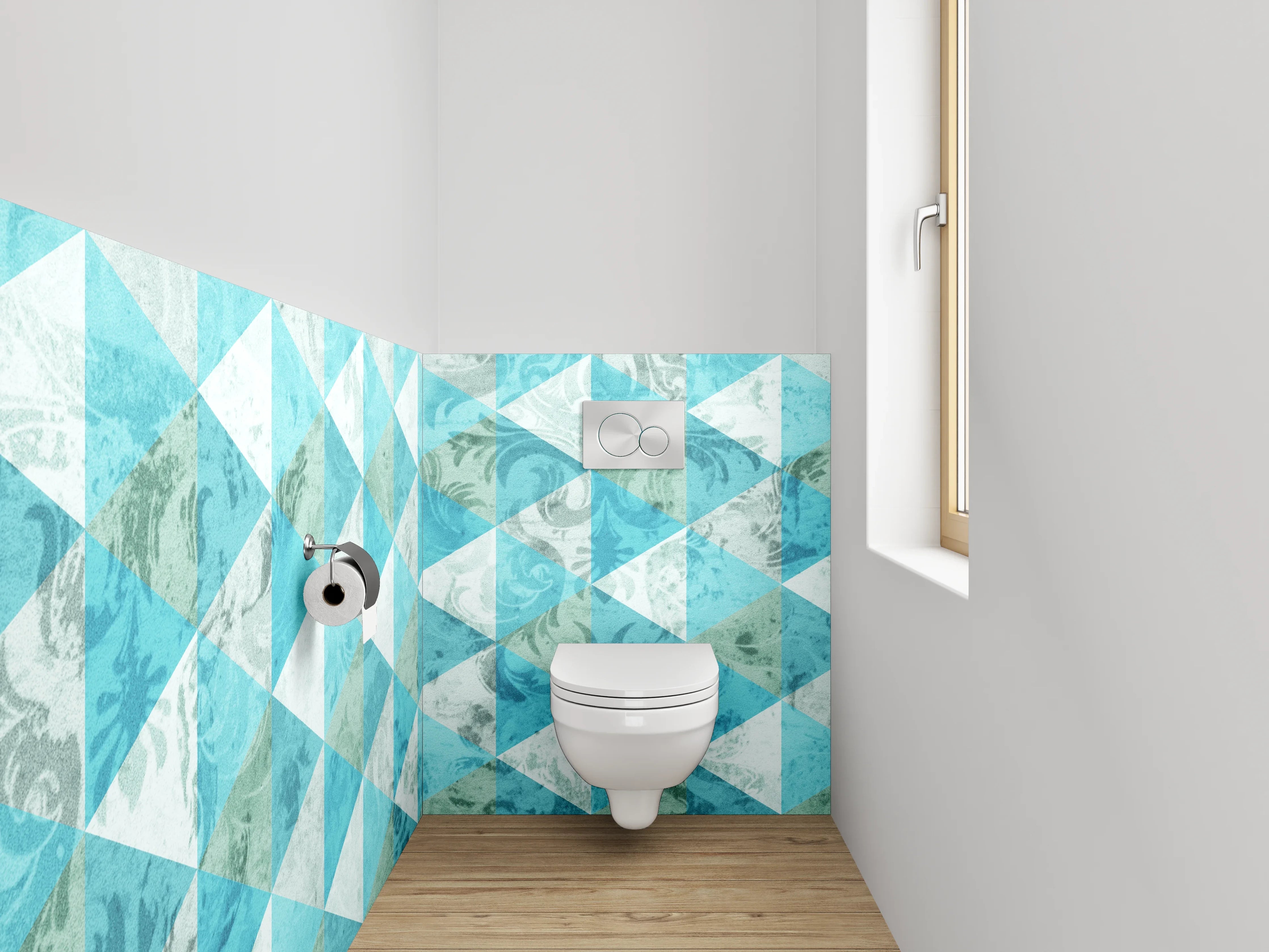 WC-Rückwand - Geometrisches Mosaik in Türkis und Weiß