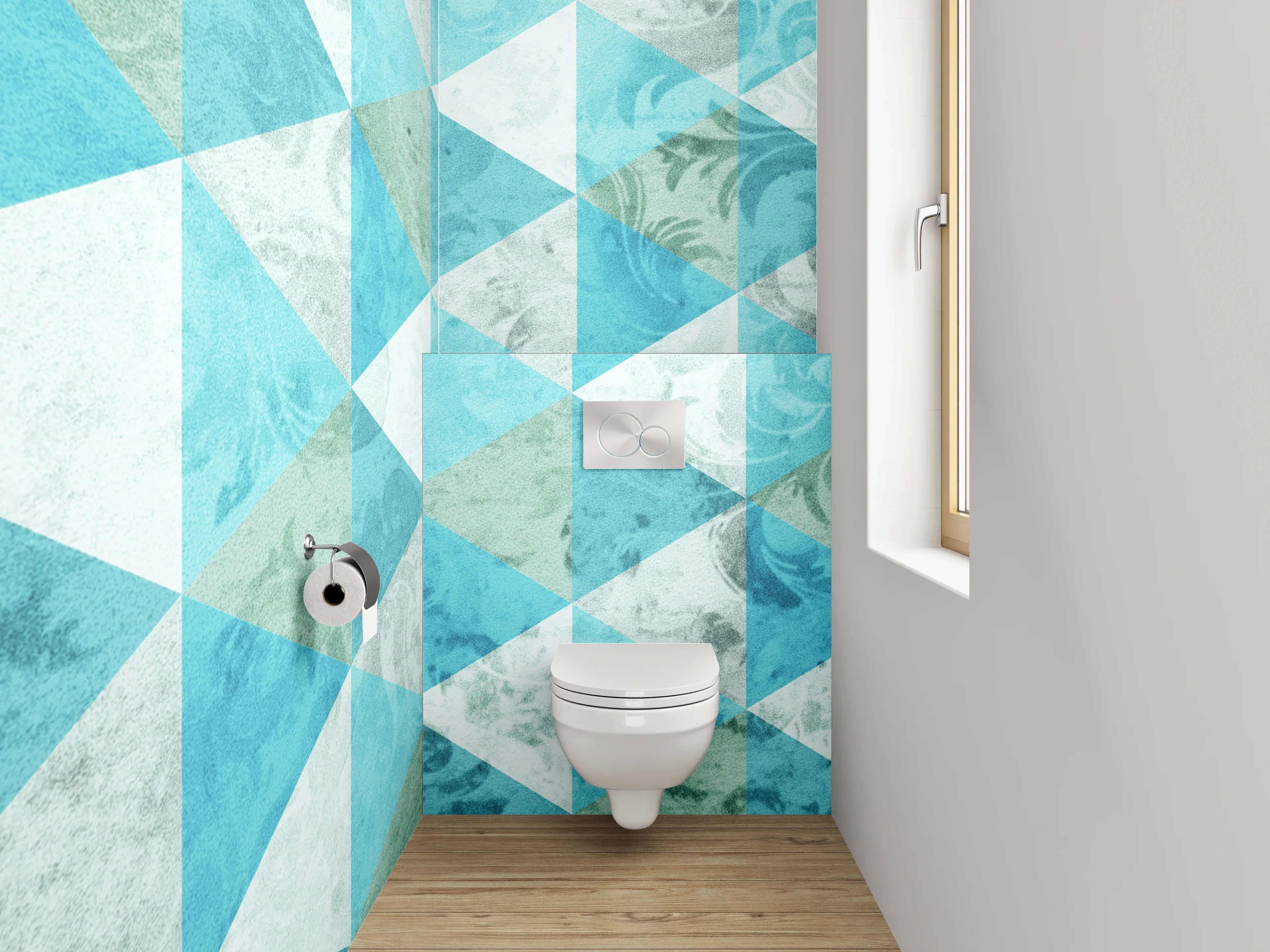 WC-Rückwand - Geometrisches Mosaik in Türkis und Weiß
