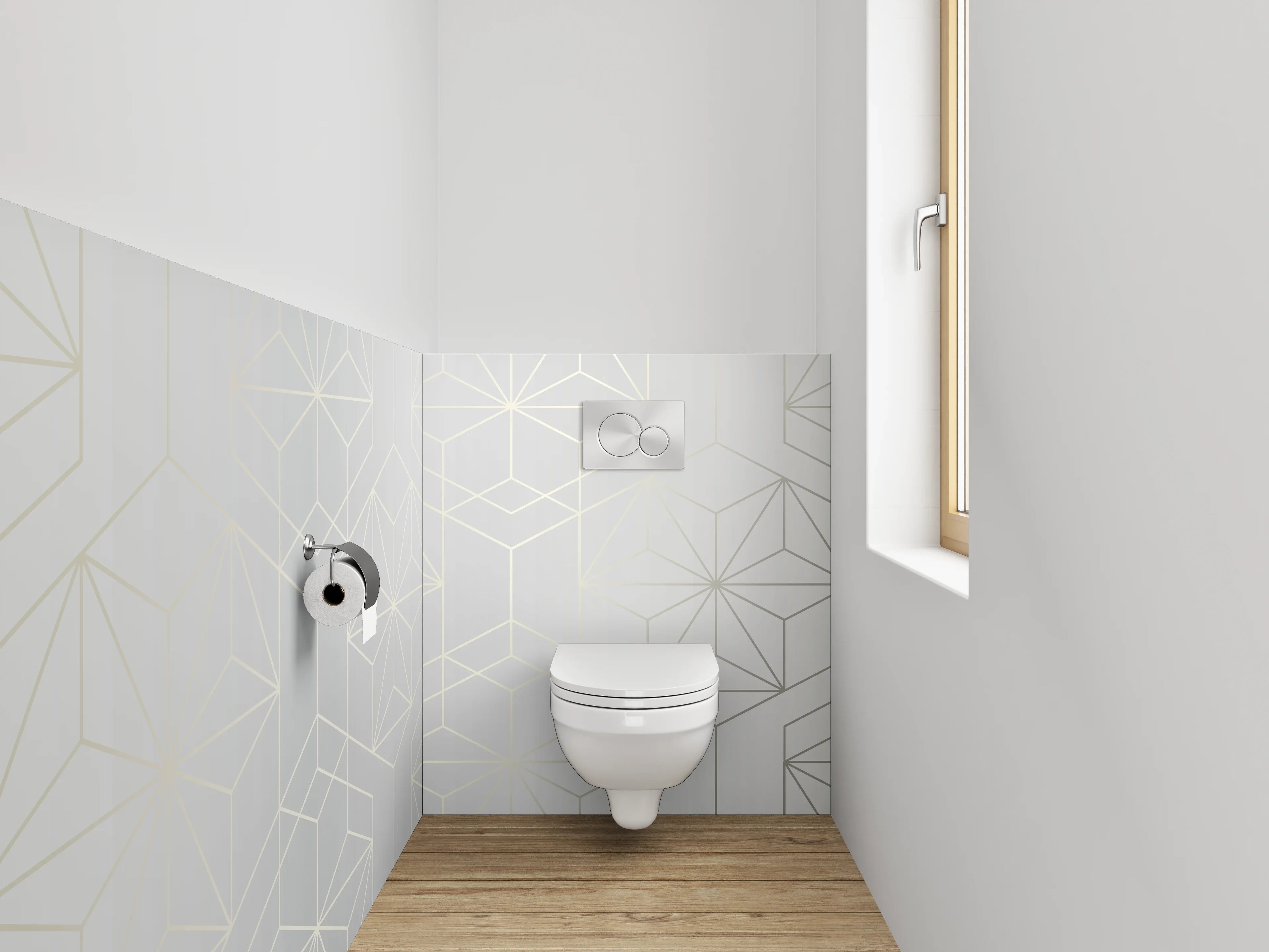 WC-Rückwand - Geometrisches Muster Weiß Grau Gold