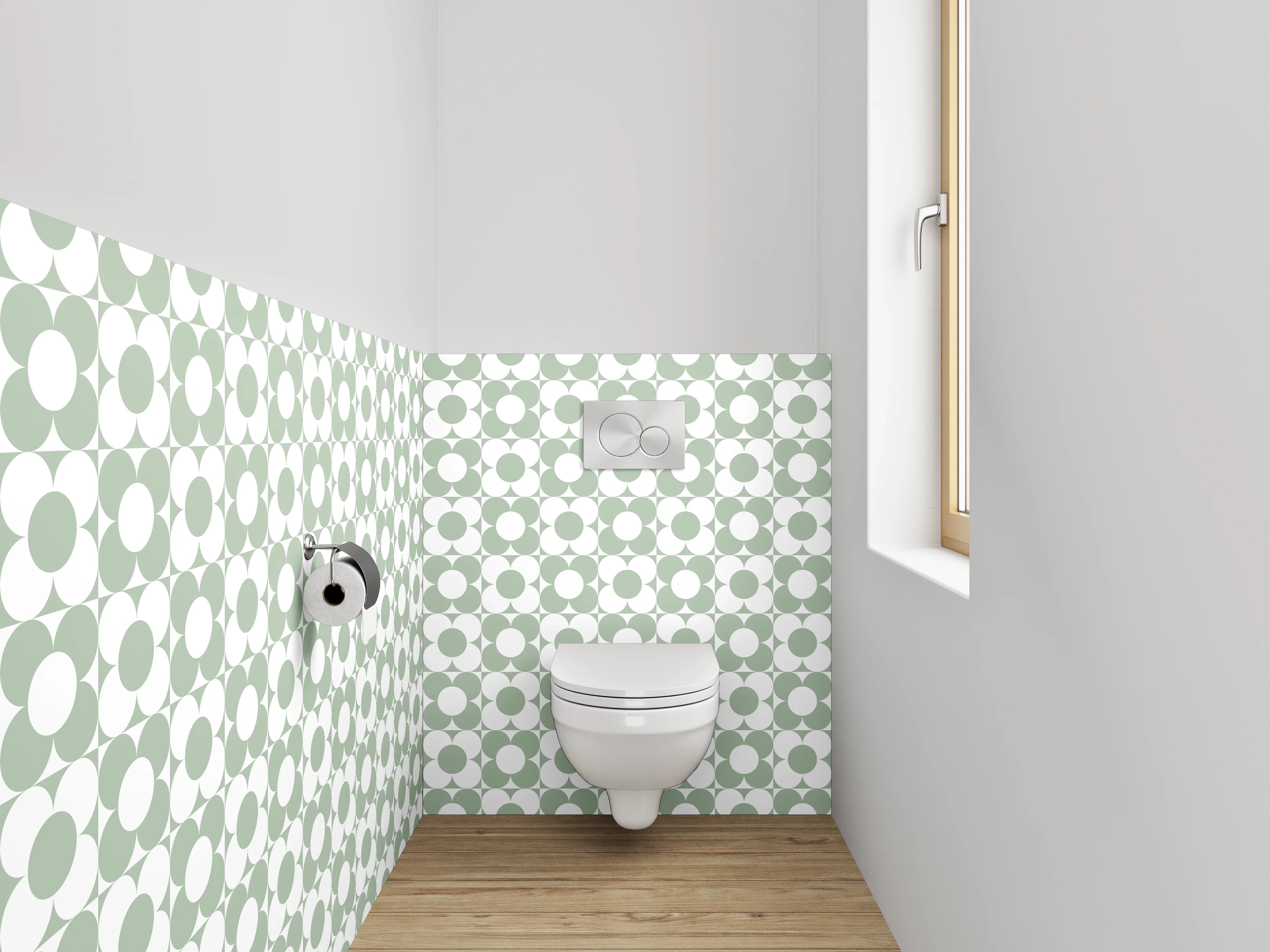 WC-Rückwand - Geometrisches Muster in Weiß und Grün