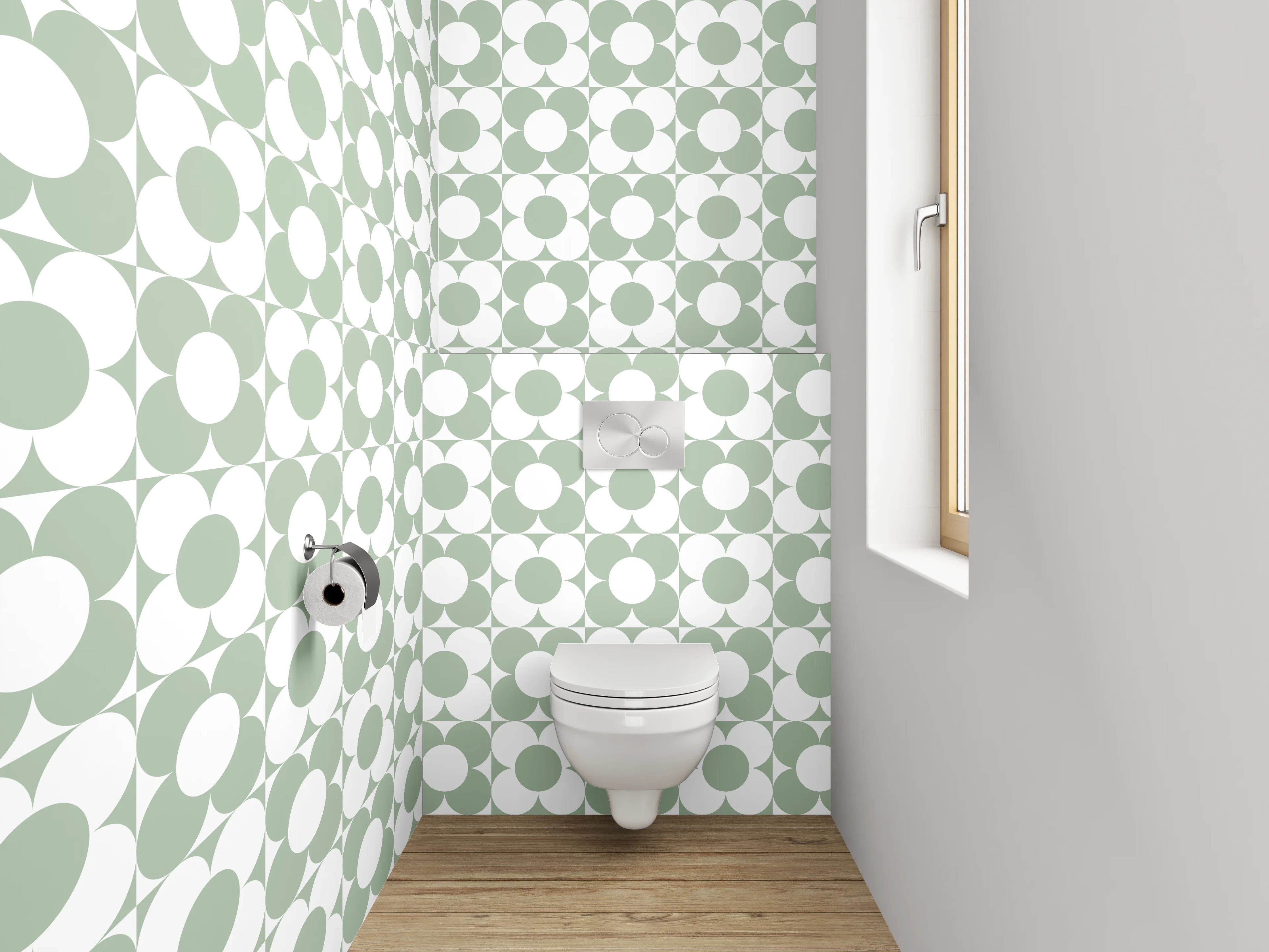 WC-Rückwand - Geometrisches Muster in Weiß und Grün