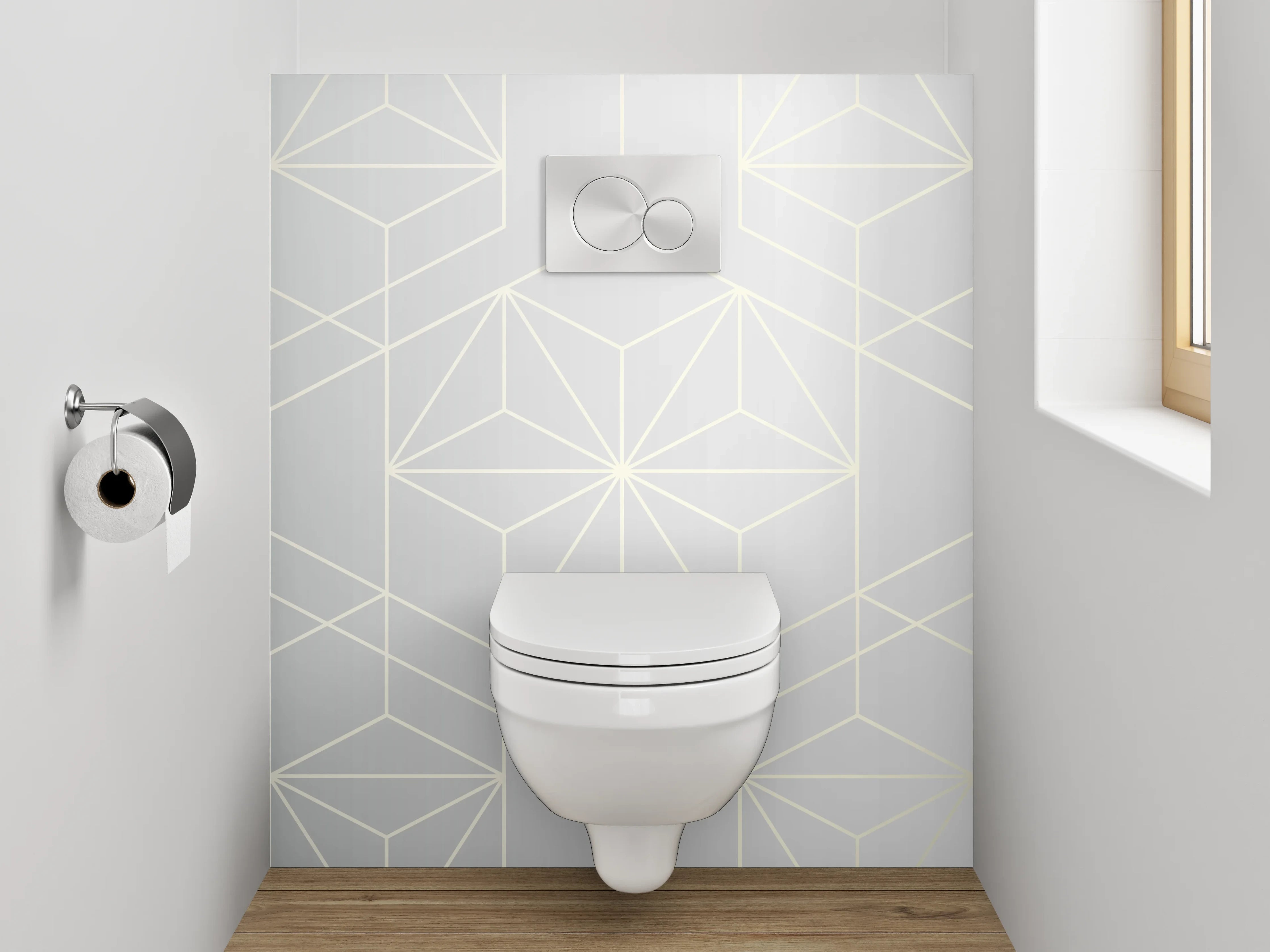 WC-Rückwand - Geometrisches Muster in Weiß und Silber