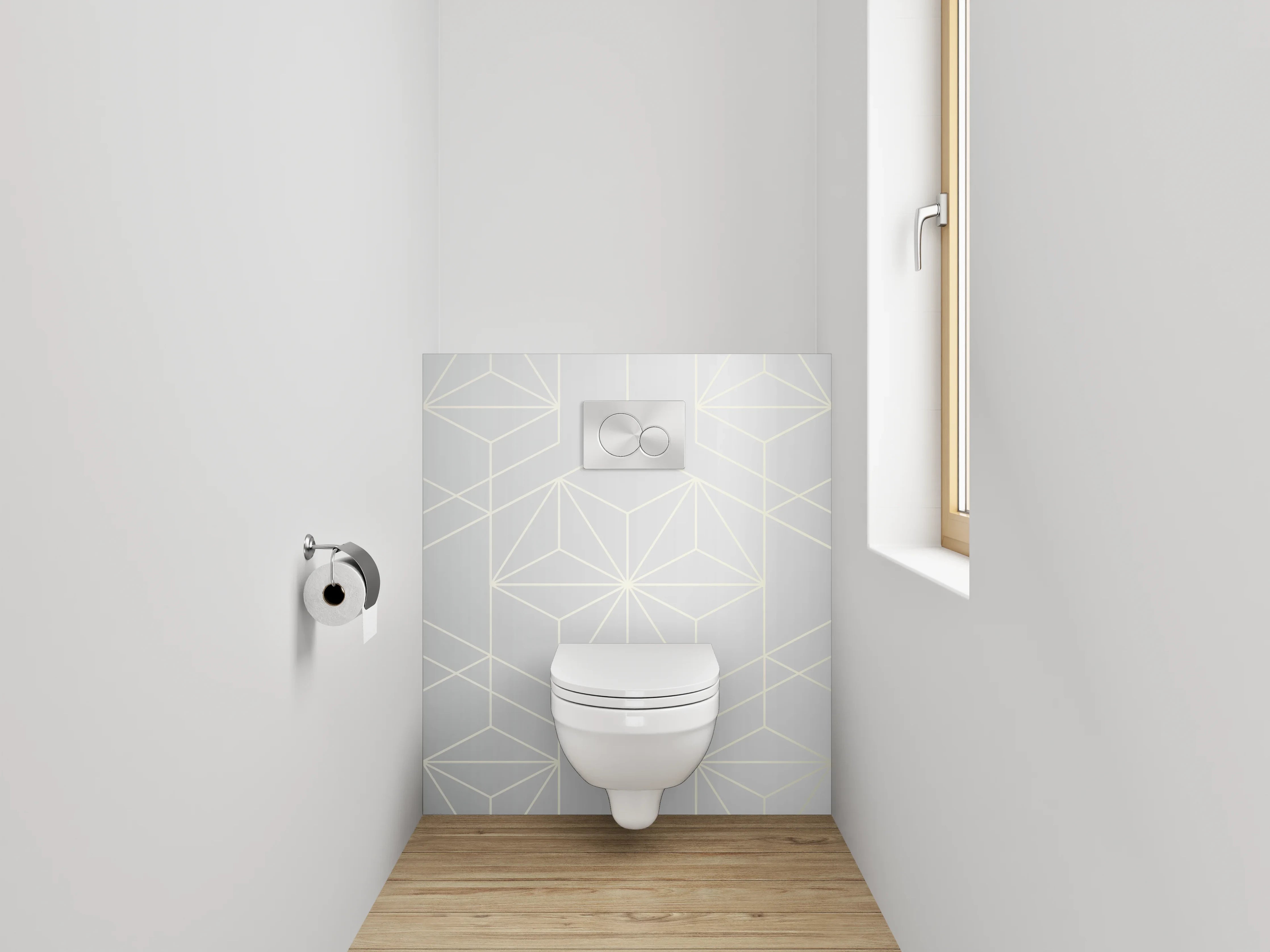 WC-Rückwand - Geometrisches Muster in Weiß und Silber