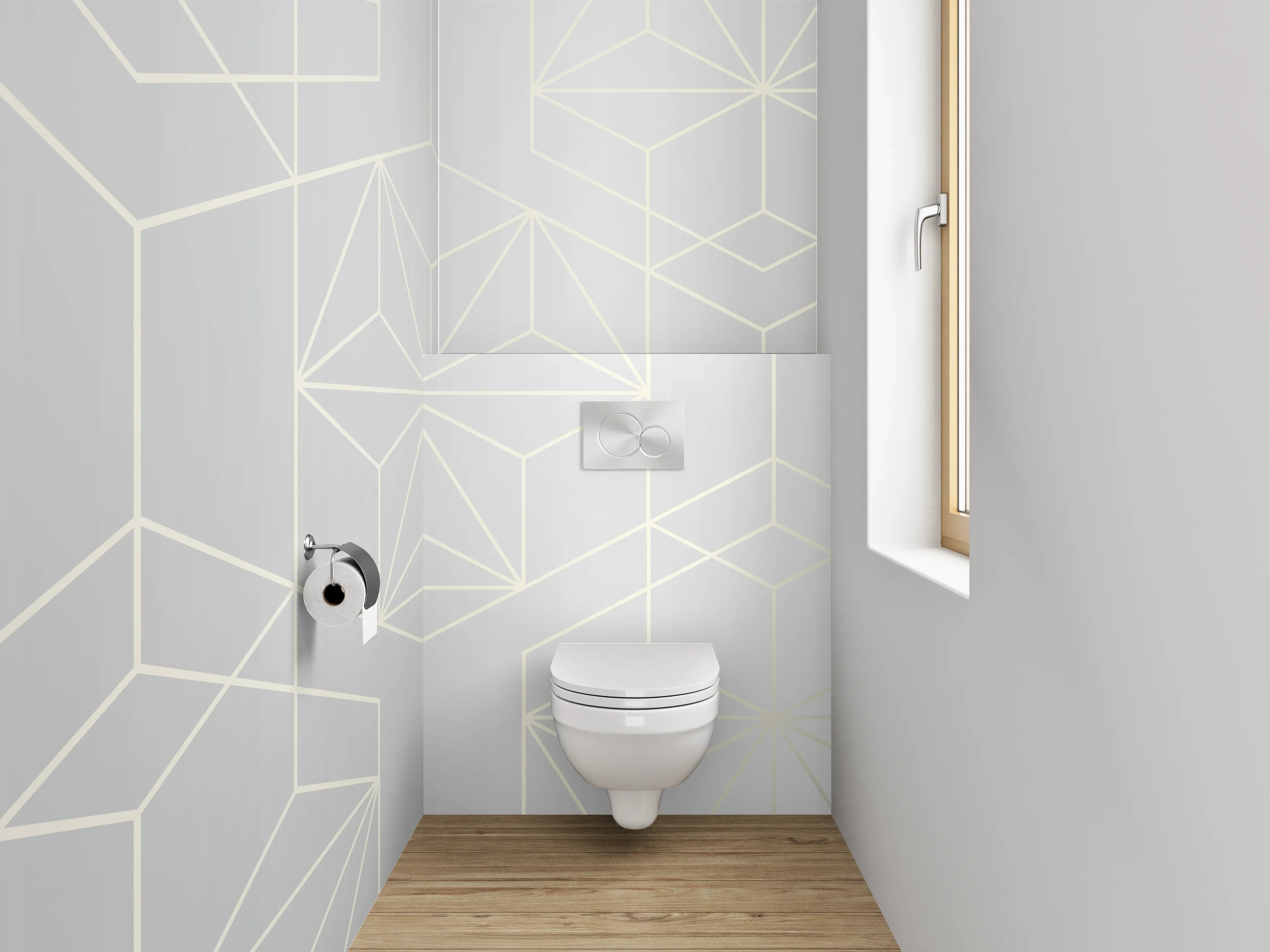 WC-Rückwand - Geometrisches Muster in Weiß und Silber