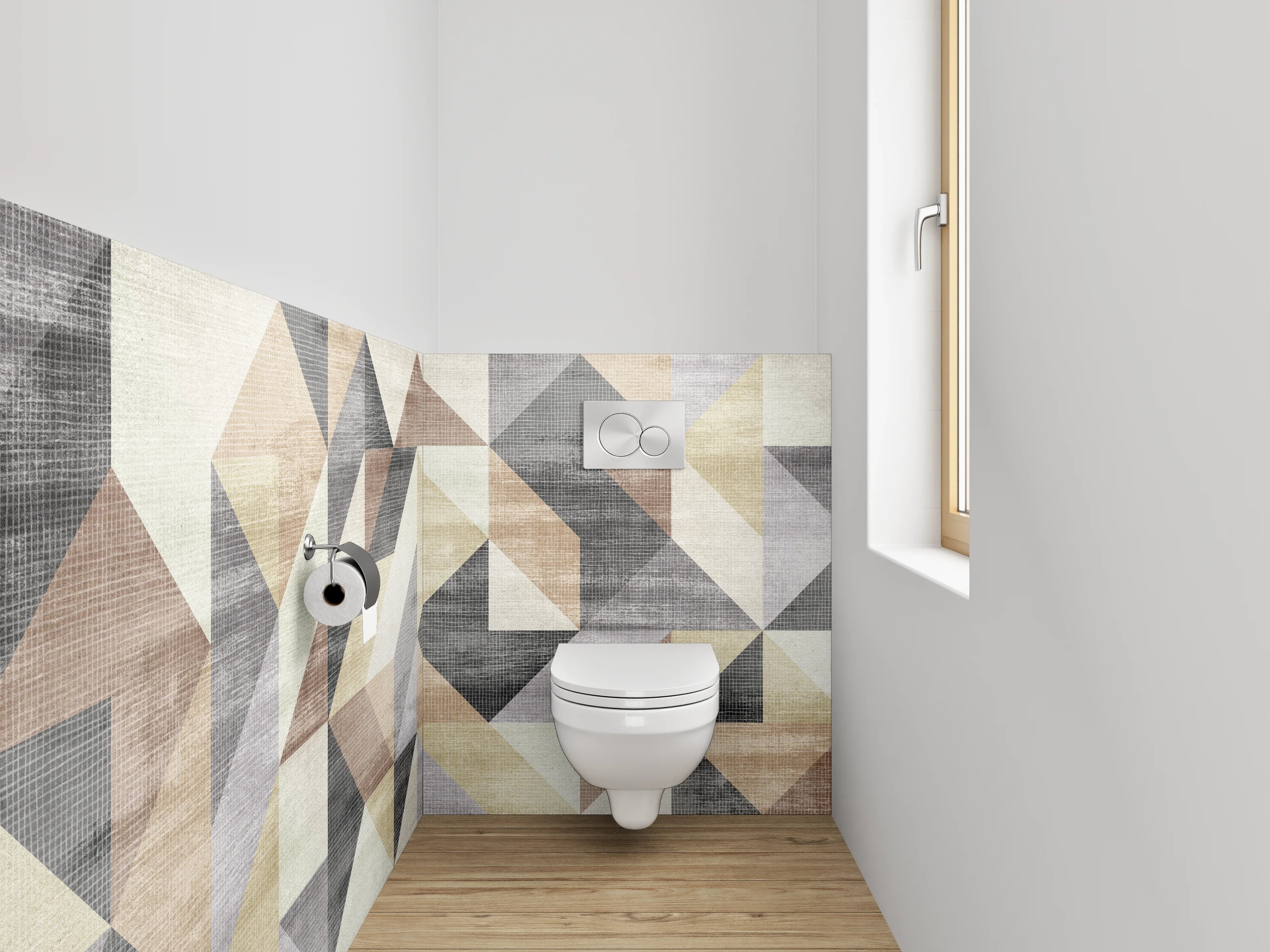WC-Rückwand - Geometrisches Muster in sanften Erdtönen