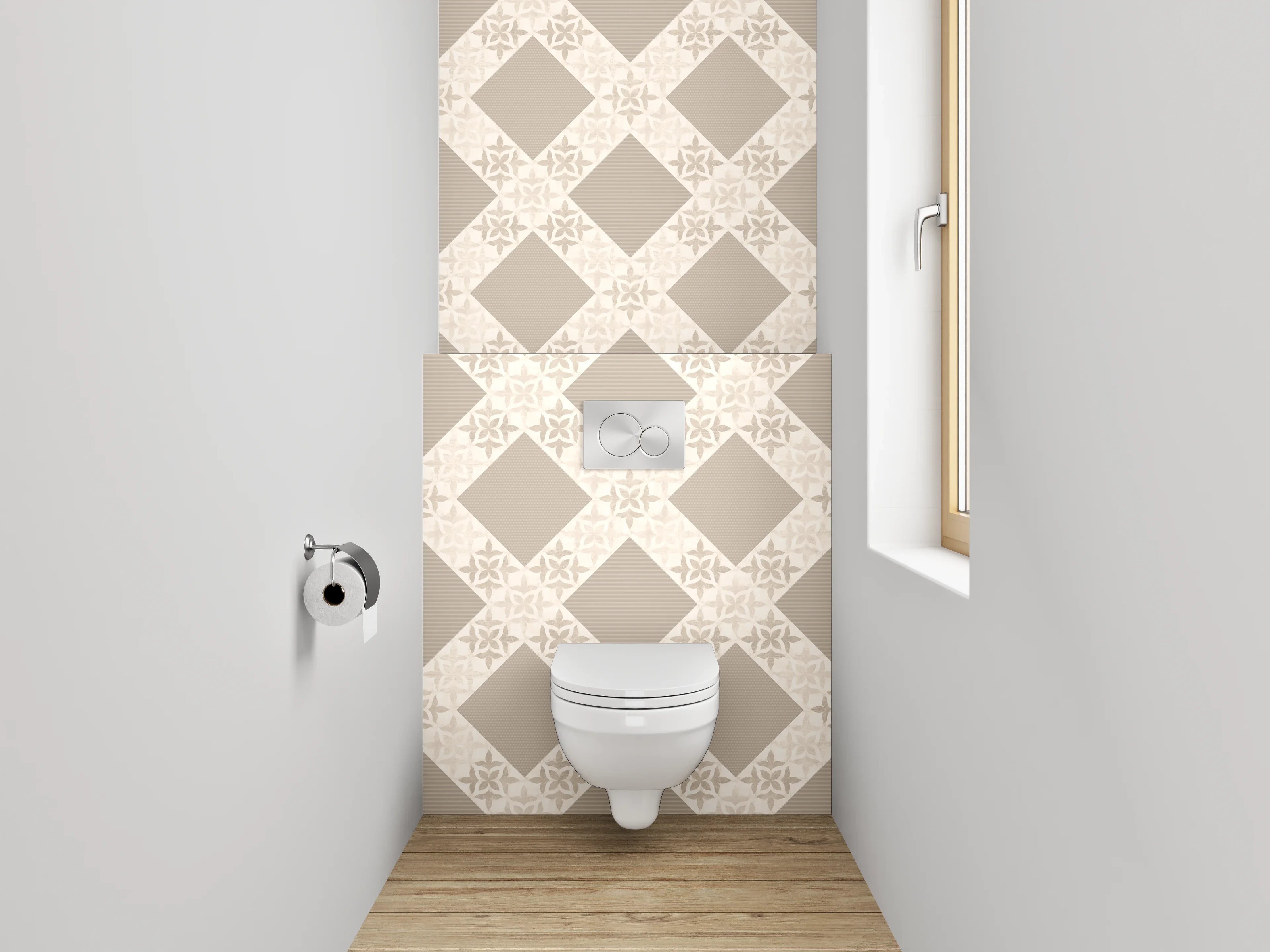 WC-Rückwand - Geometrisches Rautenmuster in Beige und Braun